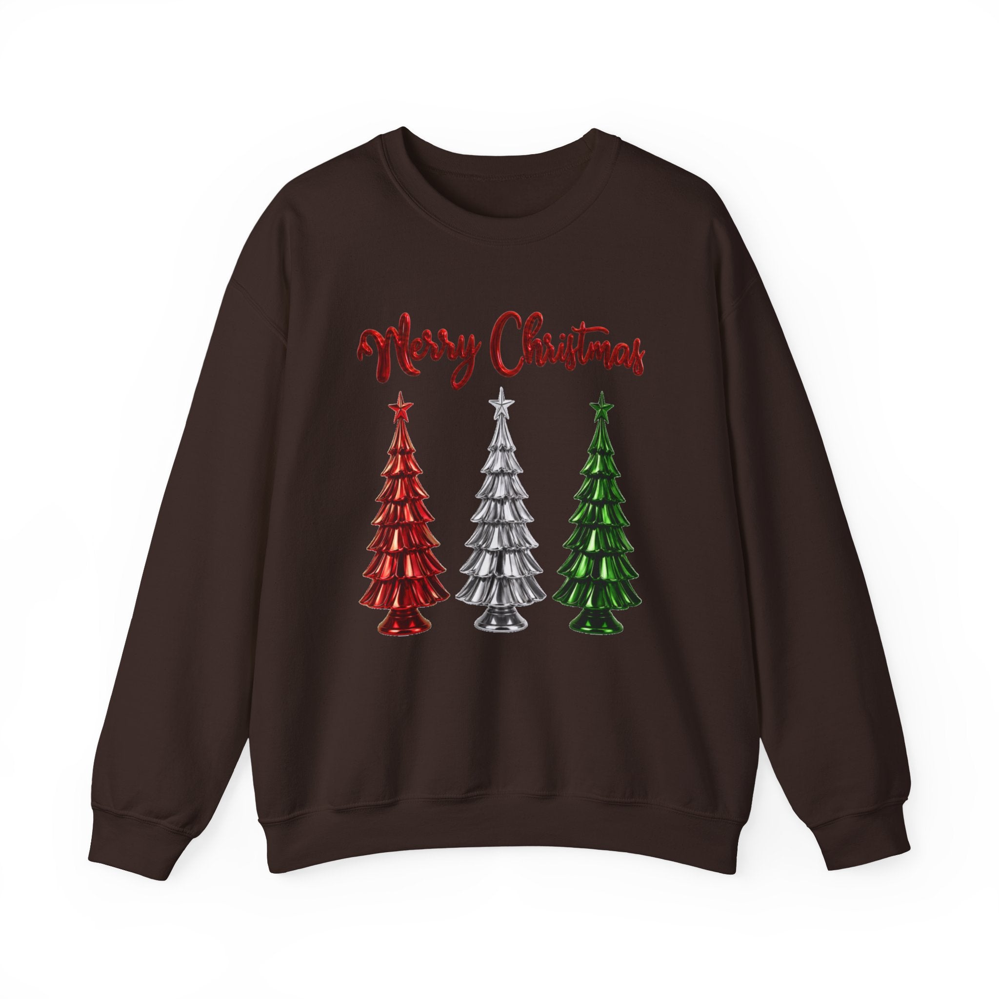 Merry Christmas Sweatshirt, Three Christmas Trees Shirt, Metallic Trees Sweater, Forest Green Christmas Crewneck, Holiday Gift for Her