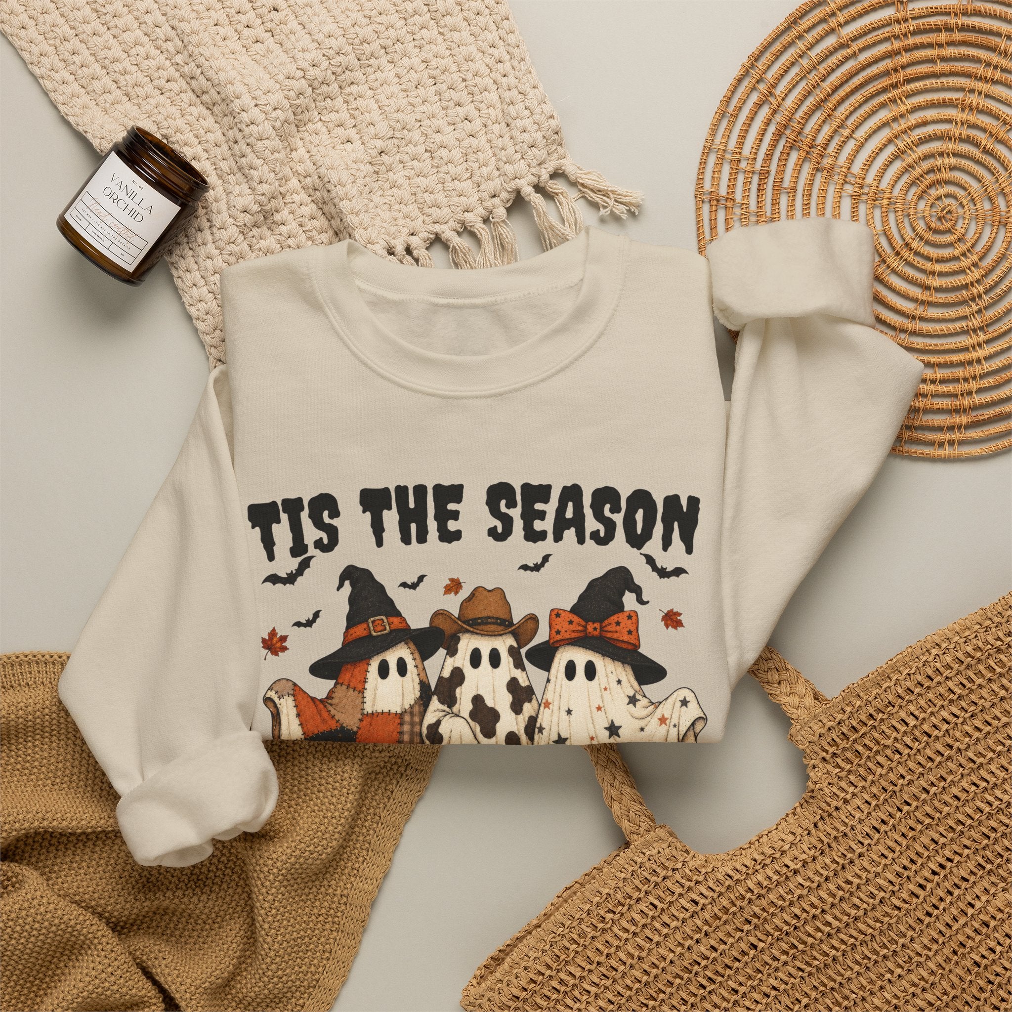 Tis The Season Ghost Sweatshirt, Halloween Ghost Crewneck, Witch Hat Ghost Shirt, Cow Print Plaid Ghost Sweater, Fall Halloween Top