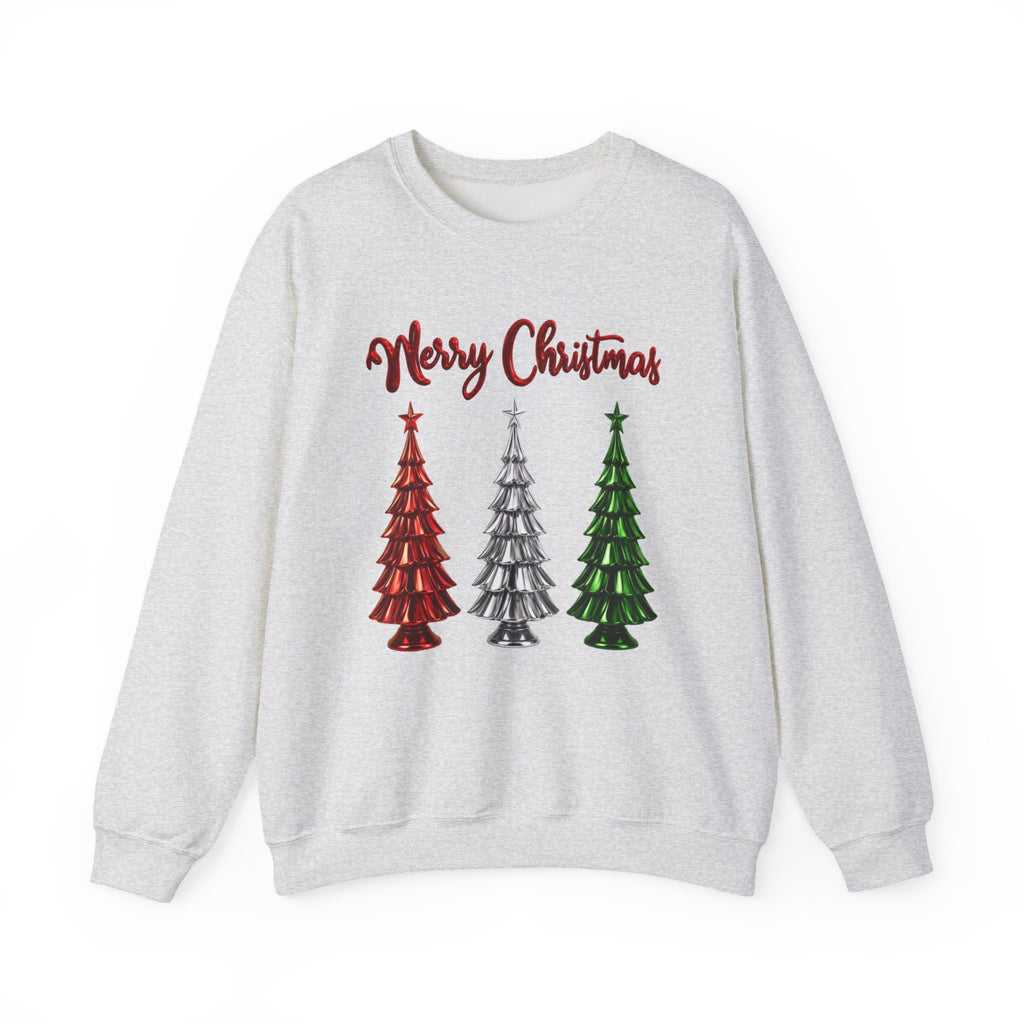 Merry Christmas Sweatshirt, Three Christmas Trees Shirt, Metallic Trees Sweater, Forest Green Christmas Crewneck, Holiday Gift for Her