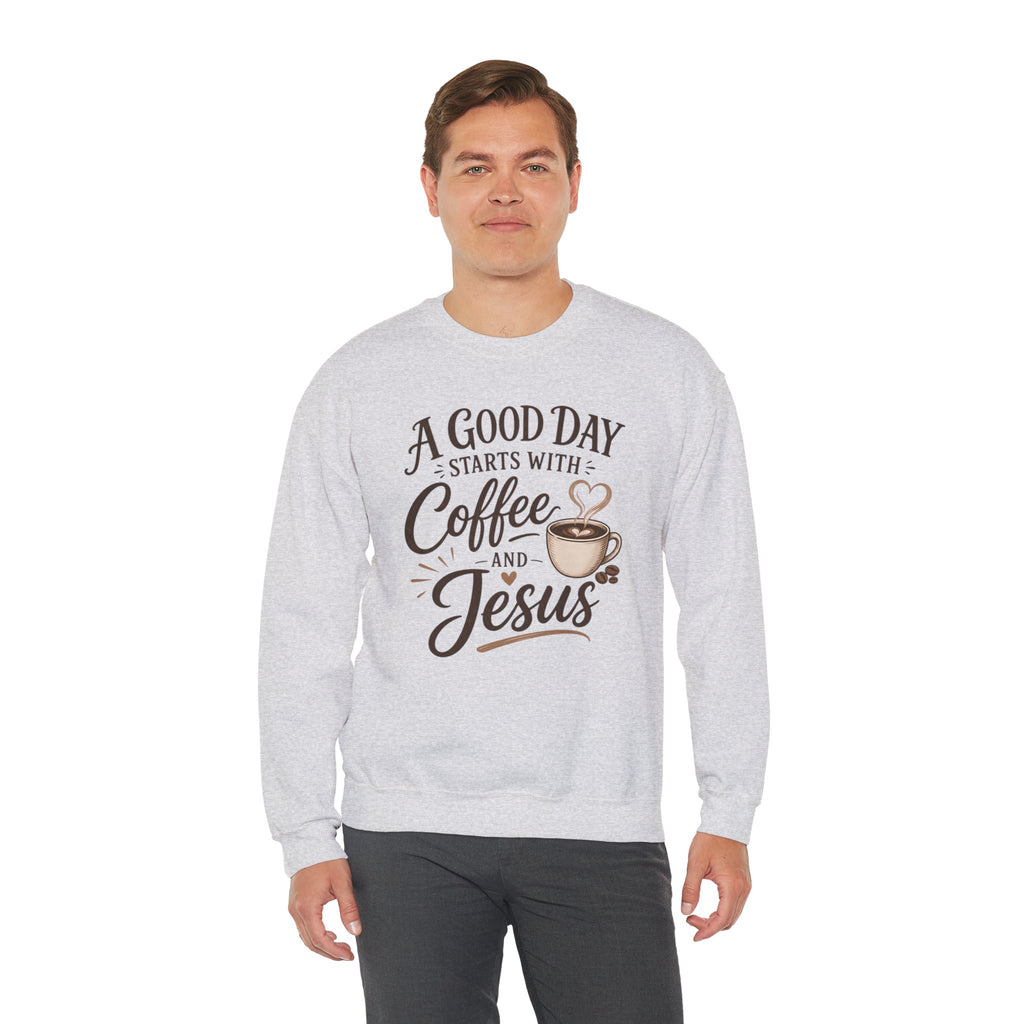 A Good Day Starts with Coffee and Jesus Shirt, Christian Coffee Sweatshirt, Faith Based Top, Religious Coffee Lover Gift, Women's Christian