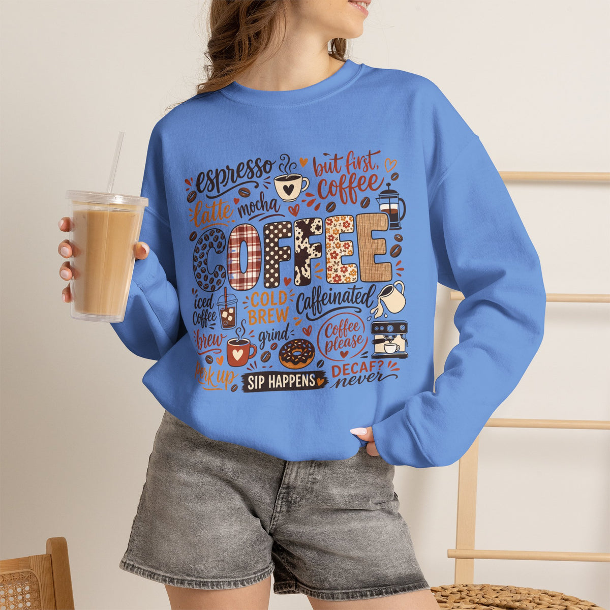 Coffee Lover Word Collage, Funny Coffee Quotes Design, Espresso Latte Mocha Iced Coffee Shirt Design, Sip Happens