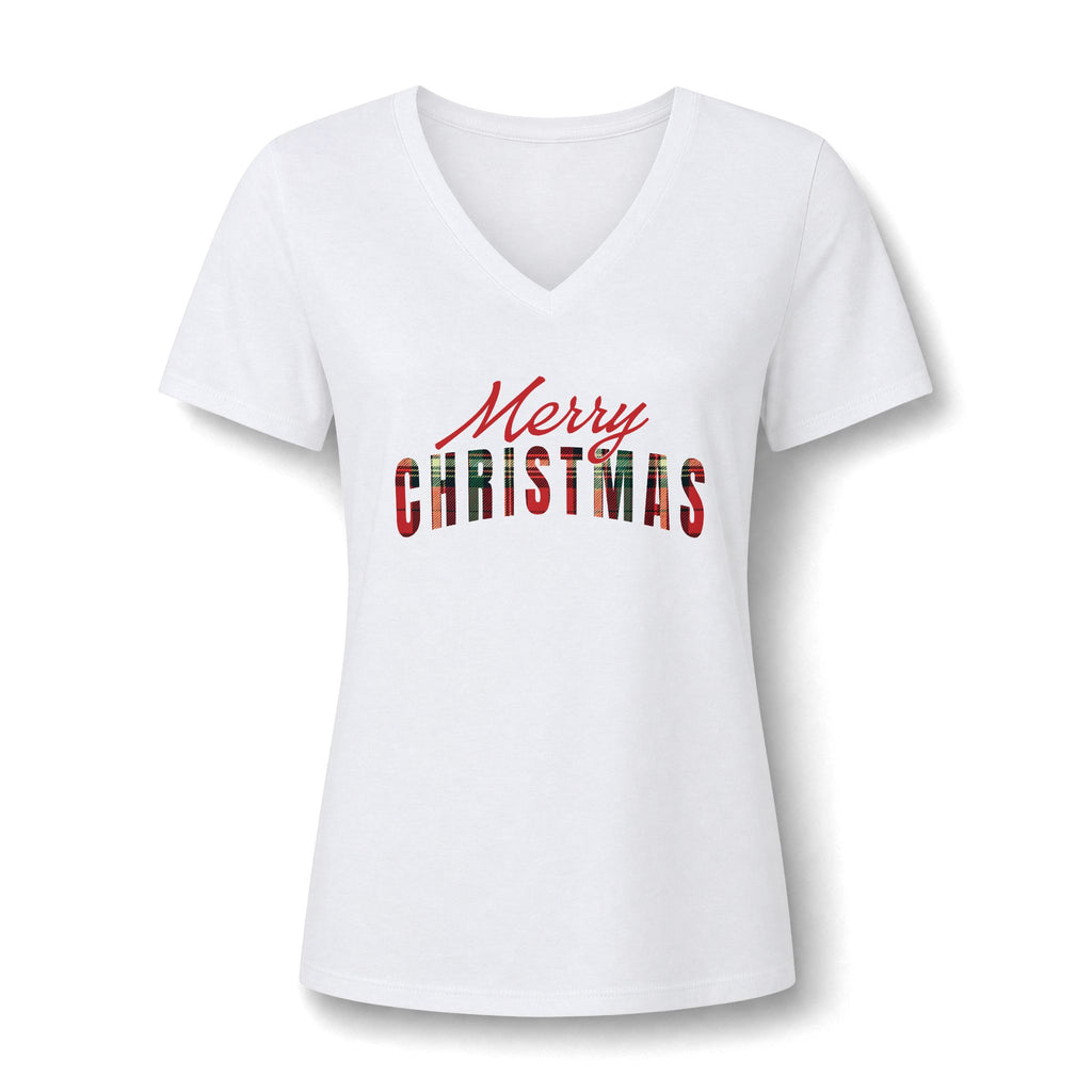 Merry Christmas V-Neck Shirt, Plaid Christmas Tee, Buffalo Plaid Holiday T-Shirt, Women's Christmas Top, Cute Xmas Gift for Her, Party Tee