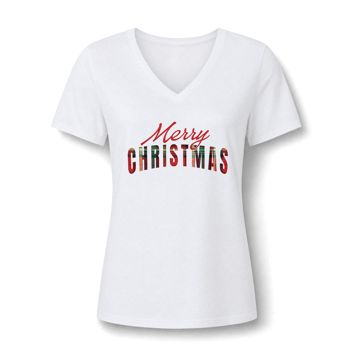 Merry Christmas V-Neck Shirt, Plaid Christmas Tee, Buffalo Plaid Holiday T-Shirt, Women's Christmas Top, Cute Xmas Gift for Her, Party Tee
