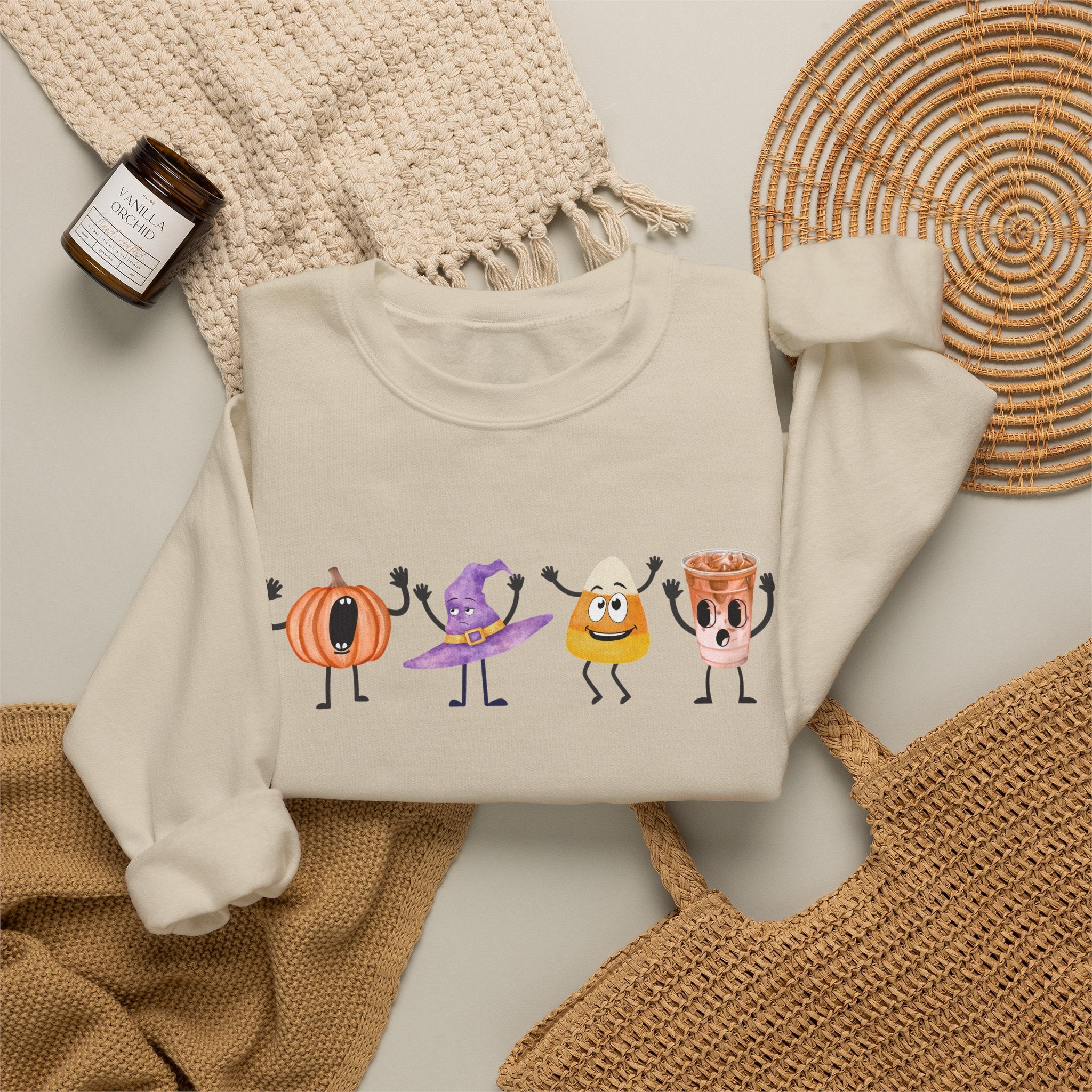 Halloween Sweatshirt Women Dancing Pumpkin Candy Corn Witch Hat Iced Coffee Crewneck Fall Fun Cute Halloween Party Shirt Gift