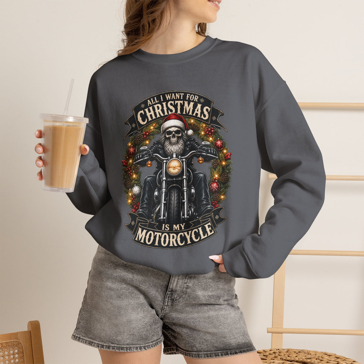 Skeleton Biker Christmas Sweatshirt, All I Want For Christmas Is My Motorcycle Shirt, Funny Biker Xmas Gift, Santa Skull Motorcycle Sweater