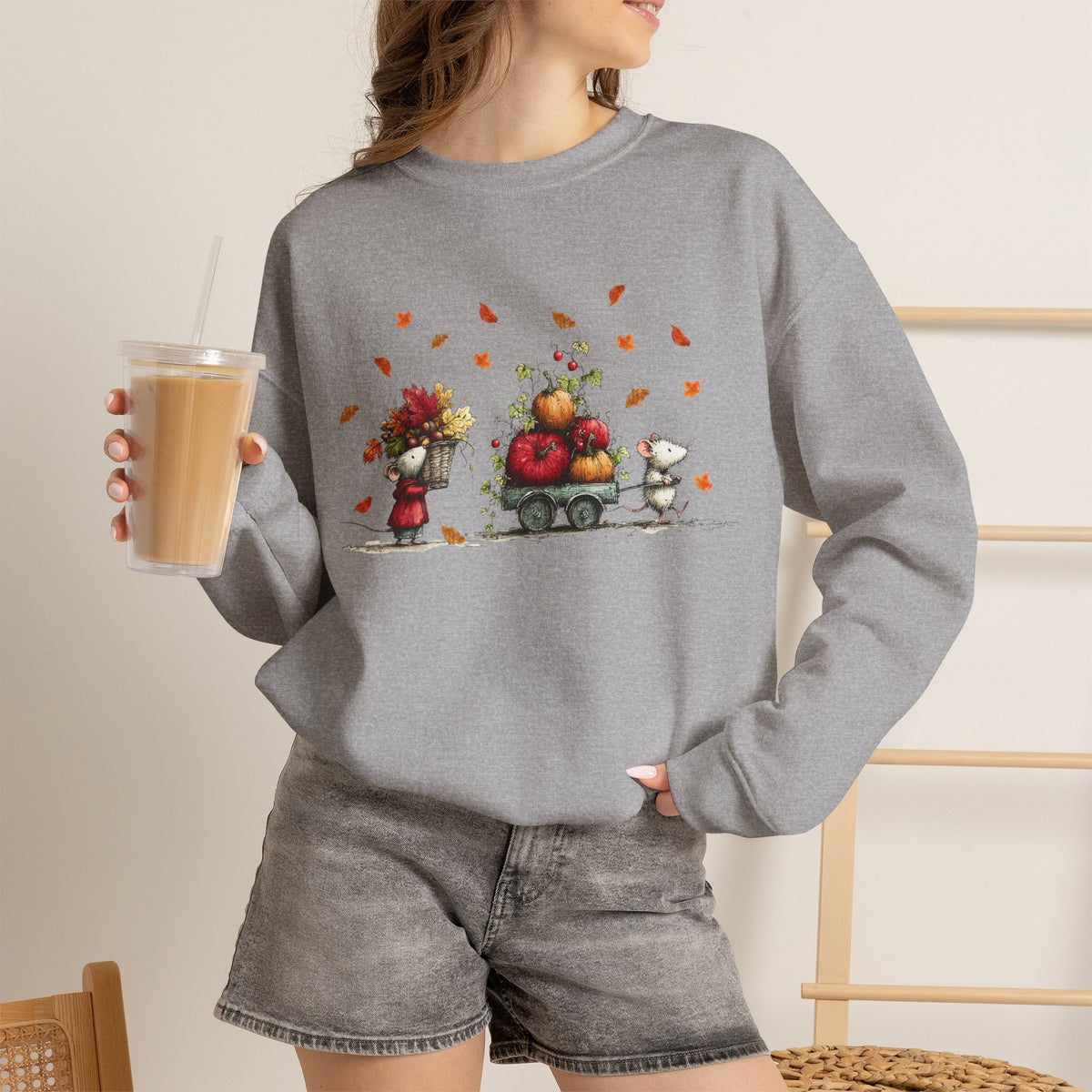Fall Pumpkin Wagon Cute Autumn Harvest Sweatshirt, Thanksgiving Fall Leaves Shirt, Watercolor Pumpkin Apple Cart, Gift for Fall Lovers