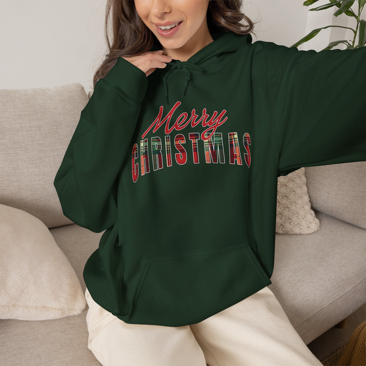 Merry Christmas Hoodie, Plaid Christmas Sweatshirt, Buffalo Plaid Holiday Hoodie, Cozy Xmas Pullover Hoodie, Women's Christmas Gift for Her
