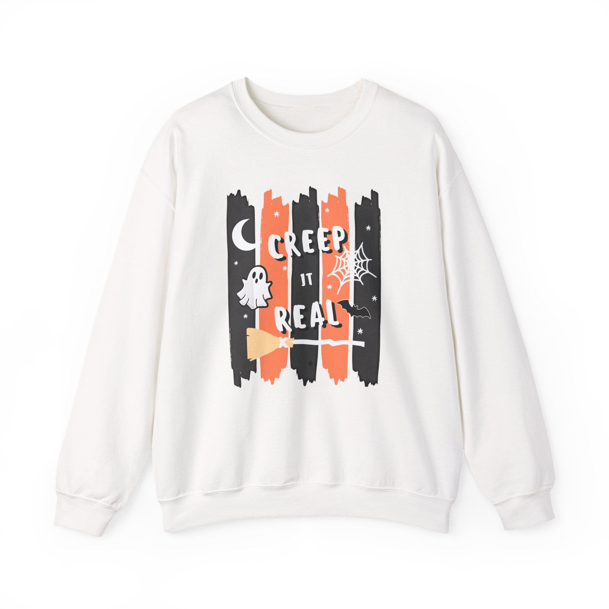 Creep It Real Halloween Sweatshirt, Funny Ghost Bat Spiderweb Crewneck, Orange Black Stripe Halloween Shirt, Cute Fall Pullover Women Gift