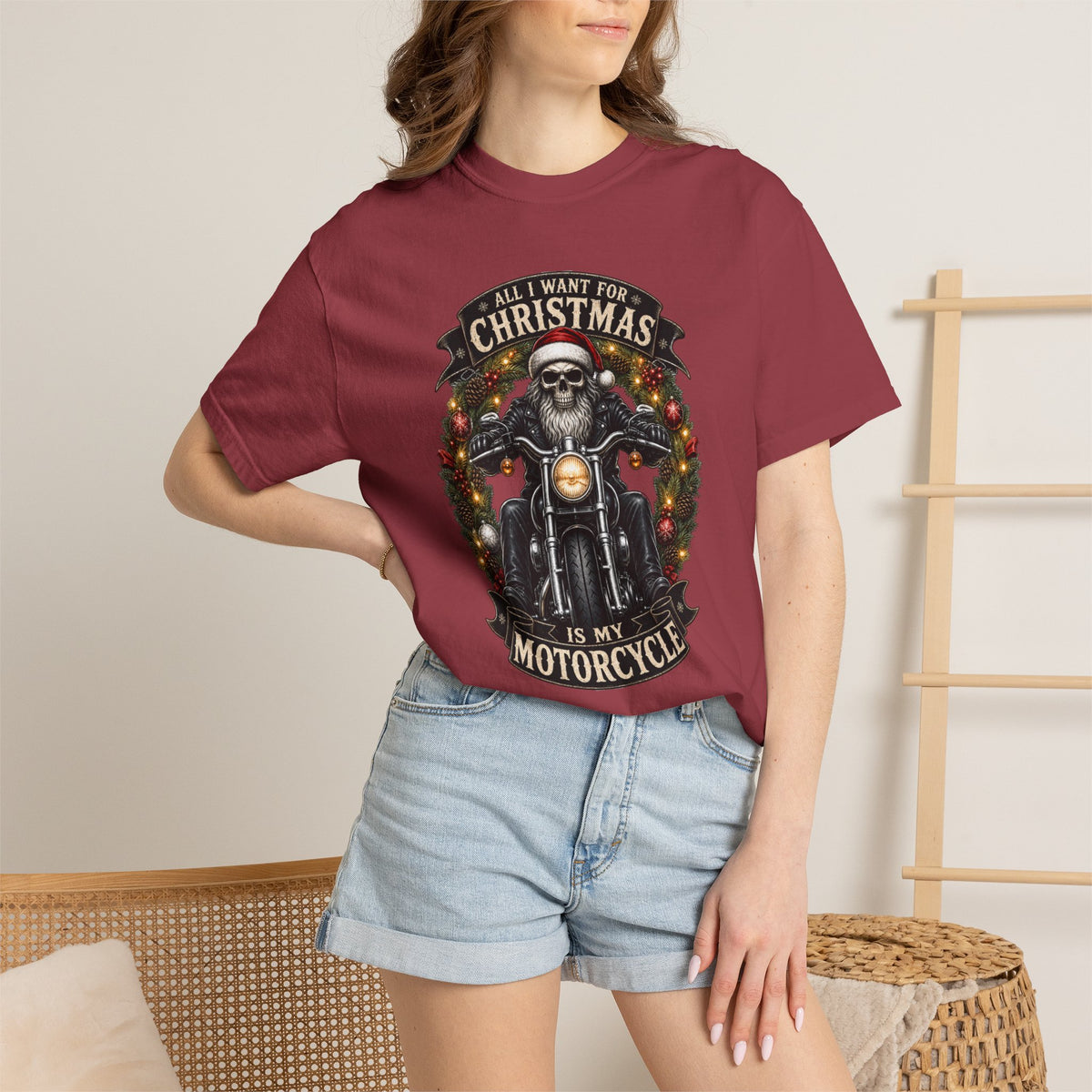 Comfort Colors Skeleton Biker Christmas T-shirt, All I Want for Christmas Is My Motorcycle Shirt, Santa Skull Motorcycle Top, Gift for Biker