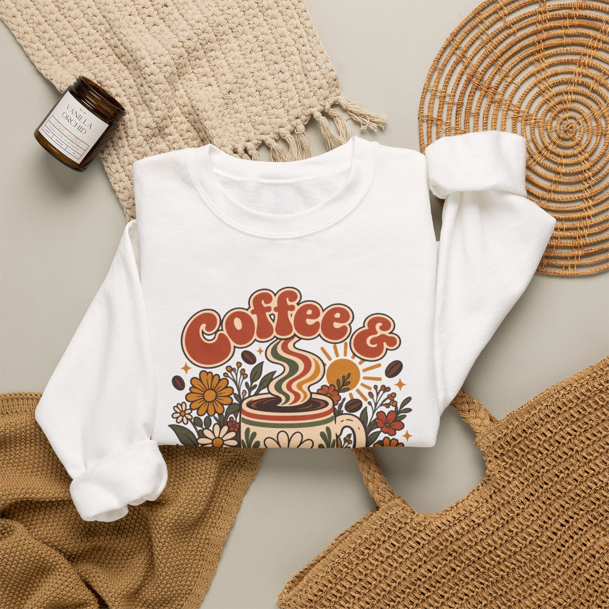 Coffee & Chaos Sweatshirt, Retro Floral Coffee Mug Shirt, Wildflower Mushroom Graphic Tee, Trendy Coffee Lover Gift, Cottagecore Crewneck