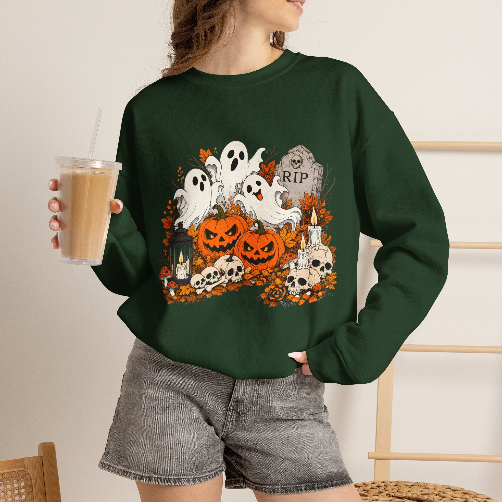 Halloween Ghost Pumpkin Sweatshirt, Spooky Graveyard Skull Crewneck, RIP Tombstone Ghost Sweater, Fall Halloween Shirt, Cute Ghost Gift