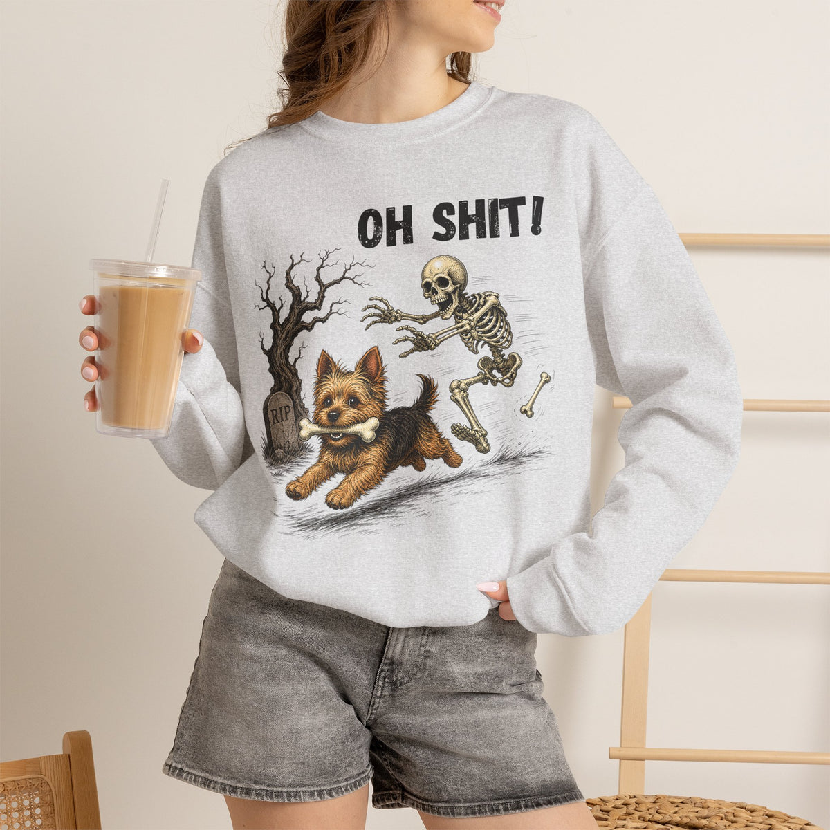 OH SHIT! Funny Skeleton Halloween Sweatshirt, Yorkie Terrier Dog Lover Shirt, Funny Fall Sweatshirt, Halloween Dog Mom Gift, Trick Treat