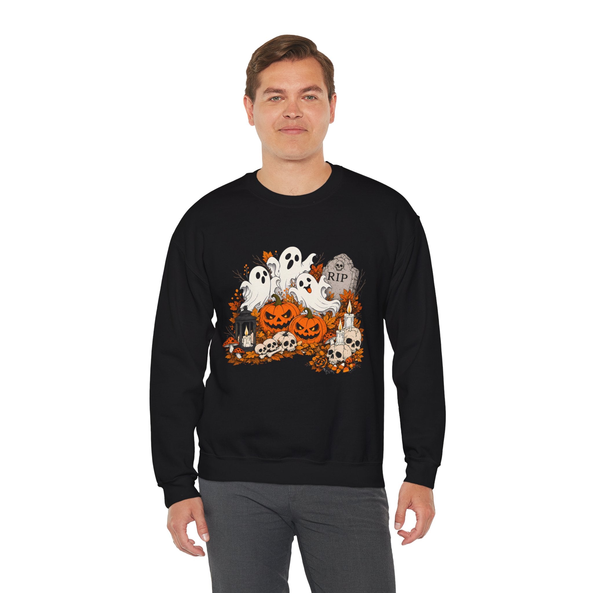 Halloween Ghost Pumpkin Sweatshirt, Spooky Graveyard Skull Crewneck, RIP Tombstone Ghost Sweater, Fall Halloween Shirt, Cute Ghost Gift