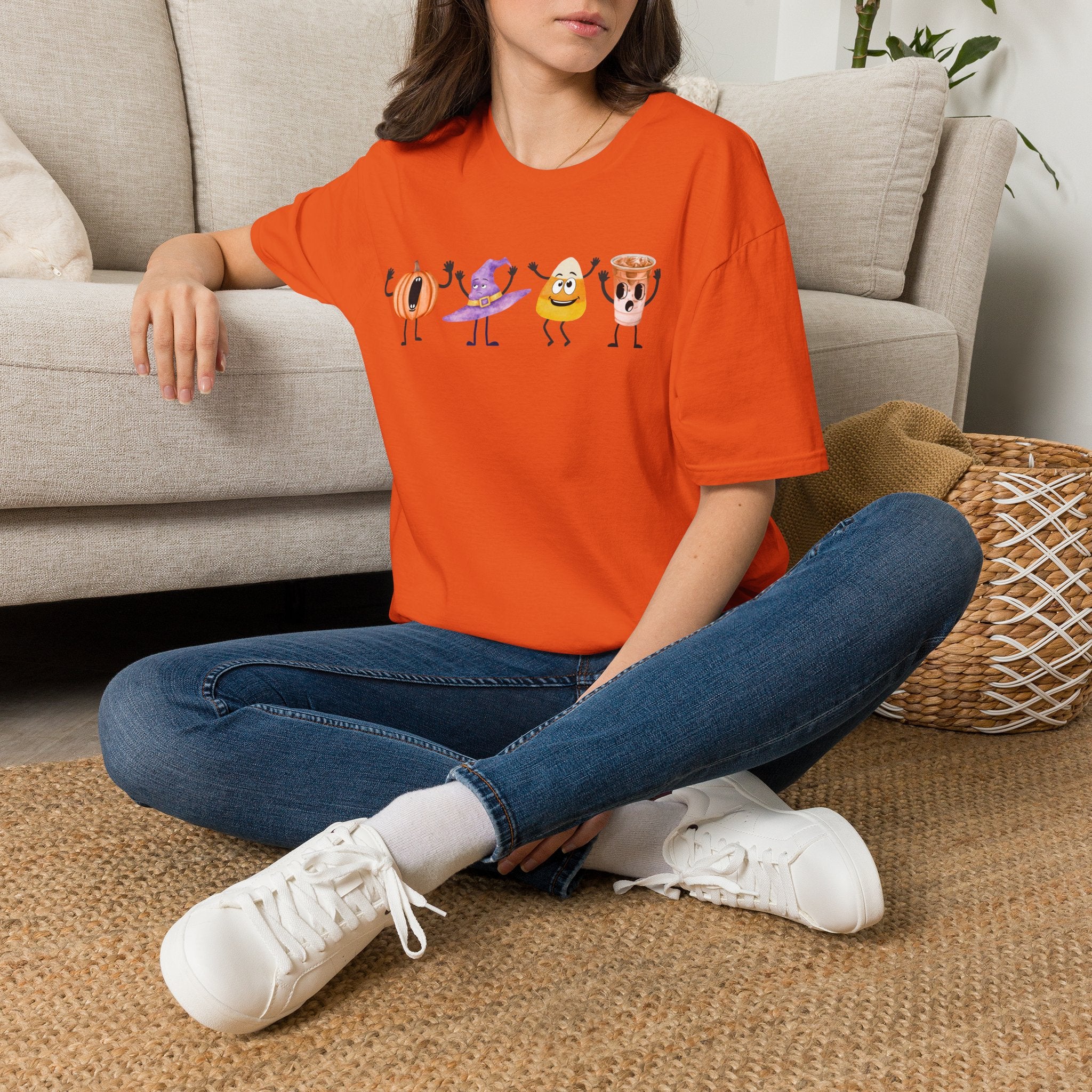 Halloween Women T-shirt Dancing Pumpkin Candy Corn Witch Hat Iced Coffee Crewneck Fall Fun Cute Halloween Party Shirt Gift