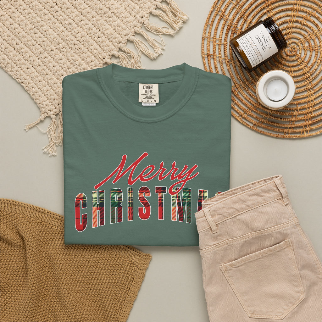 Comfort Color Merry Christmas T-Shirt, Buffalo Plaid Holiday T-Shirt, Women's Xmas Graphic Tee, Cute Christmas Gift for Her, Family Shirt