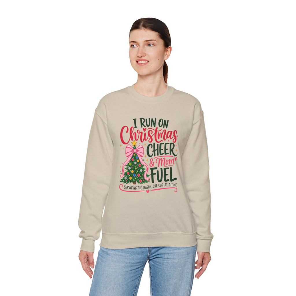 Christmas Mom Sweatshirt, I Run On Christmas Cheer And Mom Fuel, Funny Holiday Shirt, Coffee Lover Mom Gift, Xmas Tree Crewneck