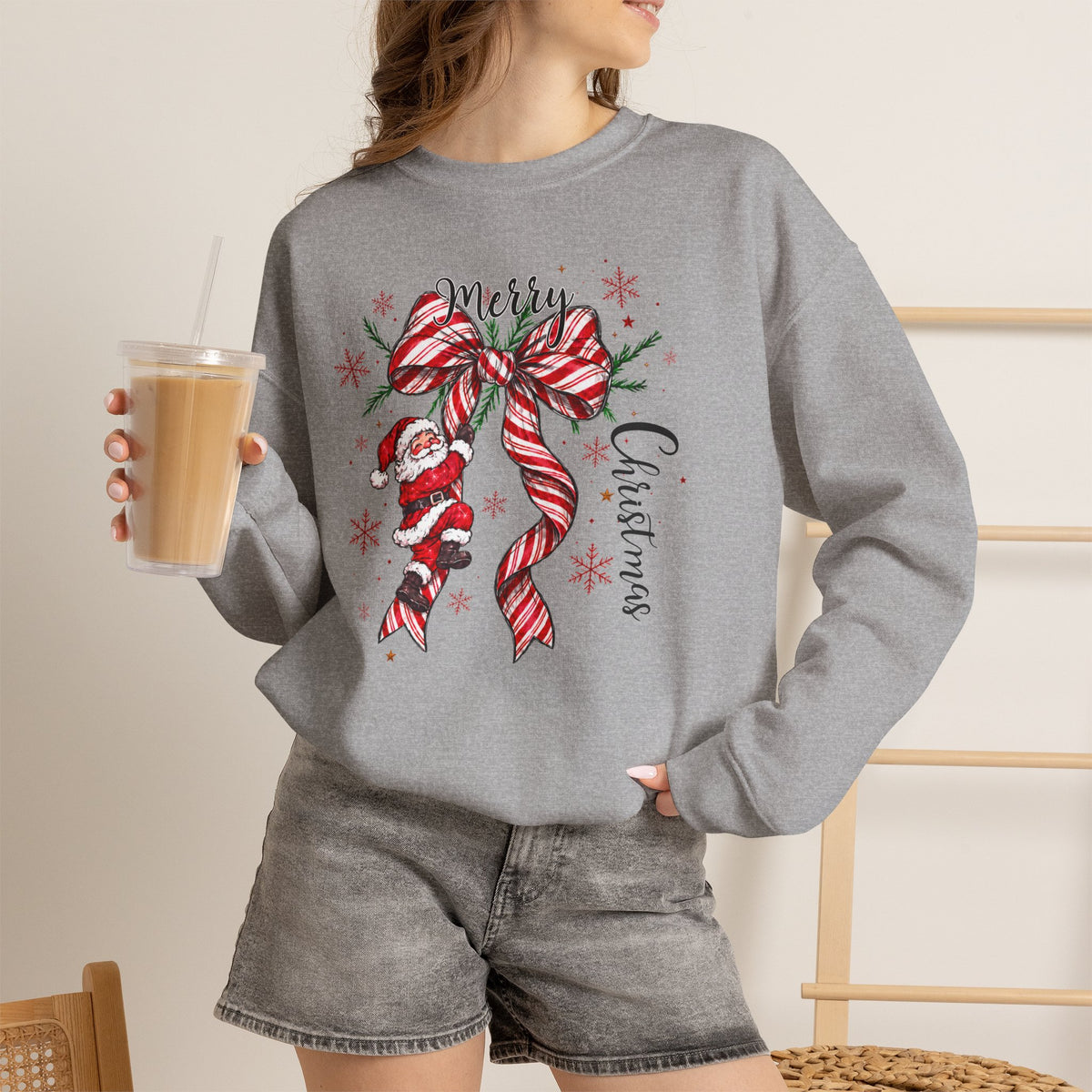 Merry Christmas Sweatshirt, Santa Bow Candy Cane Sweatshirt, Christmas Snowflake Sweatshirt, Womens Holiday Sweatshirt, Christmas Gift