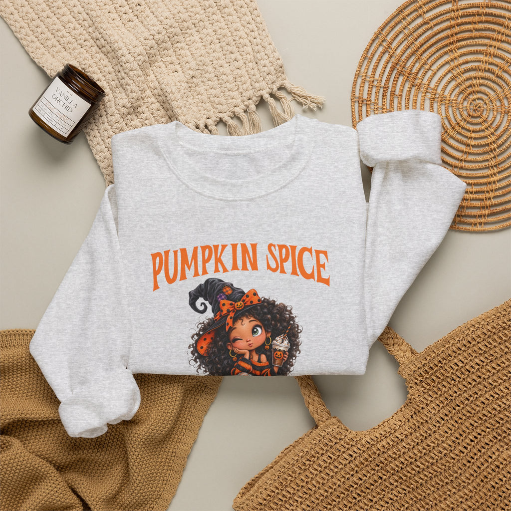Pumpkin Spice and Everything Nice Sweatshirt, Curly Hair Girl Fall Crewneck, Halloween Pumpkin Sweater, Autumn Coffee Fall Shirt Gift