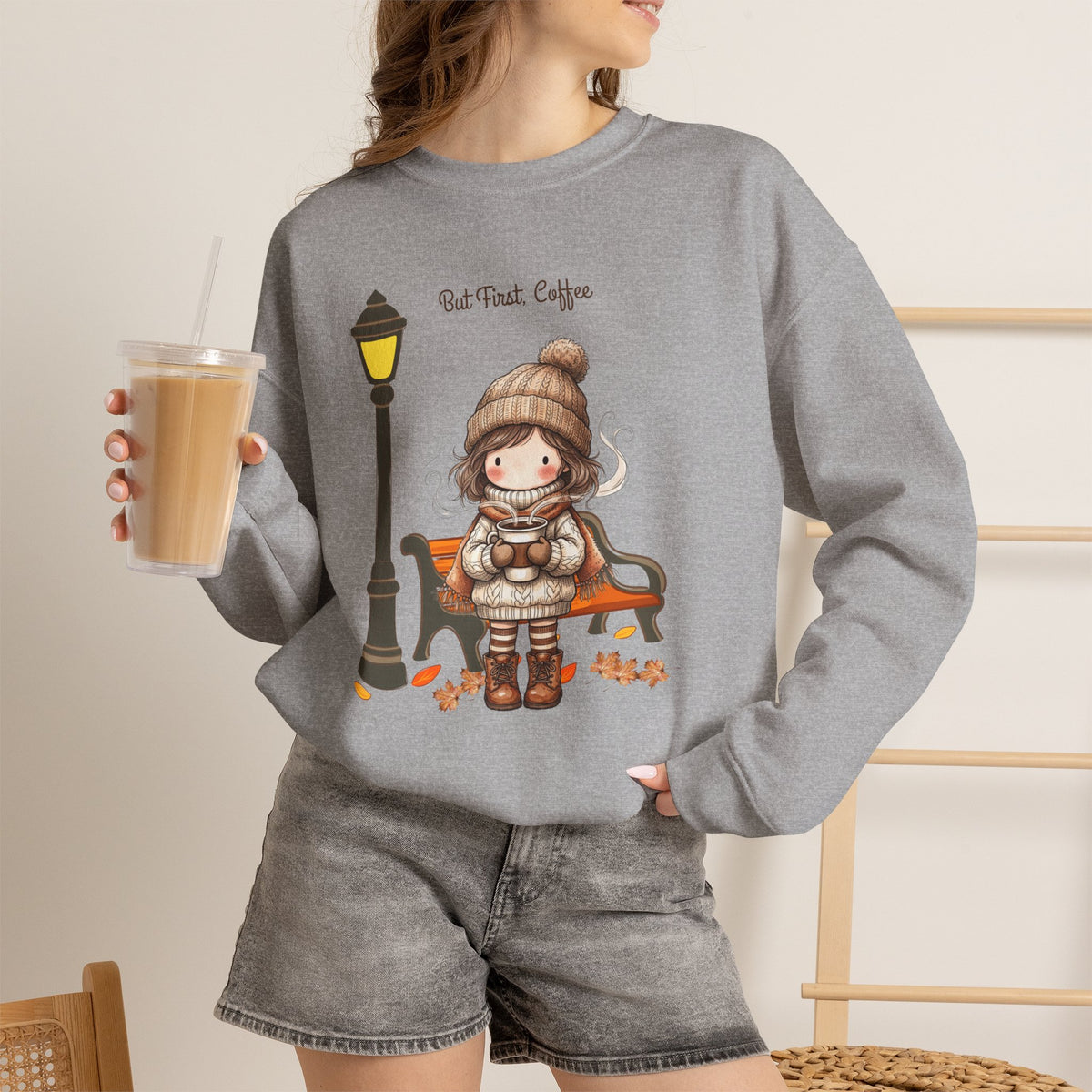 But First Coffee Sweatshirt, Fall Girl on Bench Shirt, Autumn Coffee Lover Crewneck, Cute Cozy Fall Sweatshirt, Coffee Gift for Her