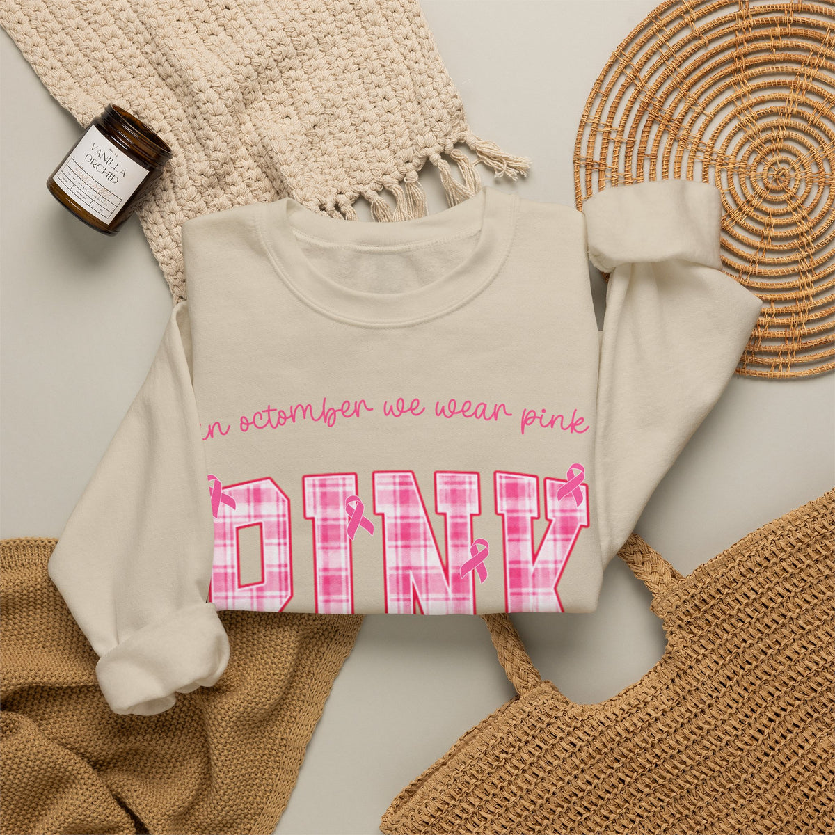 In October We Wear Pink Sweatshirt, Breast Cancer Awareness Top, Pink Plaid Design, Survivor Support Shirt, Pink Ribbon Top