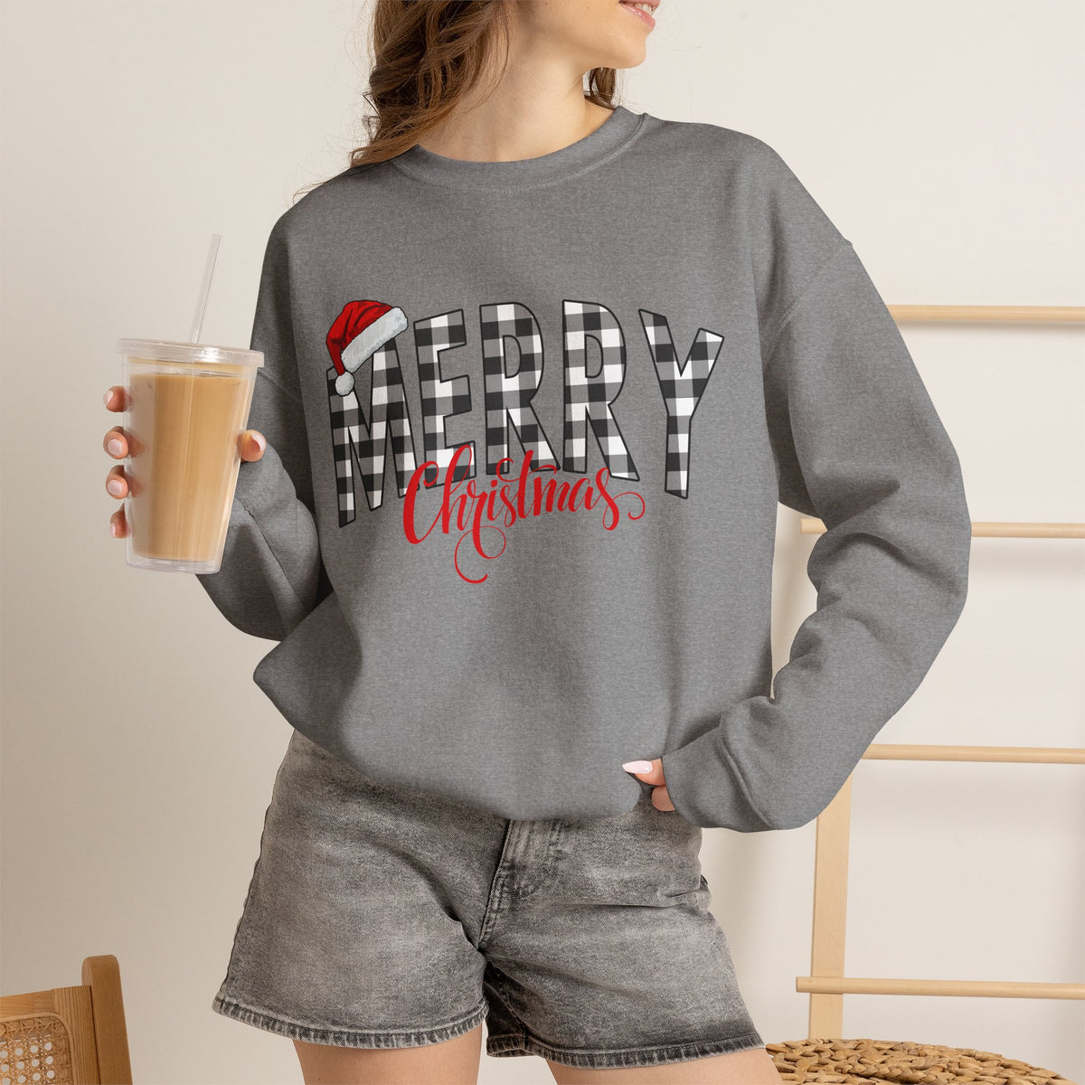 Merry Christmas Buffalo Plaid Sweatshirt, Santa Hat Christmas Sweatshirt, Plaid Christmas Shirt, Women's Holiday Sweatshirt, Christmas Gift