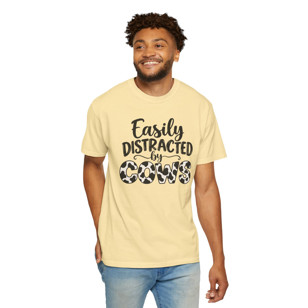 Comfort Color Easily Distracted By Cows T-Shirt, Cow Print Crewneck, Funny Farm Shirt, Cow Lover Gift, Farm Life Top, Country Girl