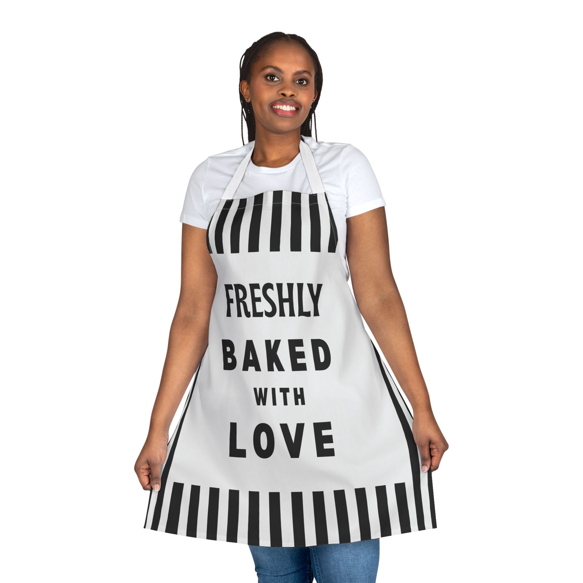 Freshly Baked With Love Apron, Black White Striped Kitchen Apron, Baker Gift, Cooking Apron, Funny Baking Apron, Chef Apron, Gift For Baker