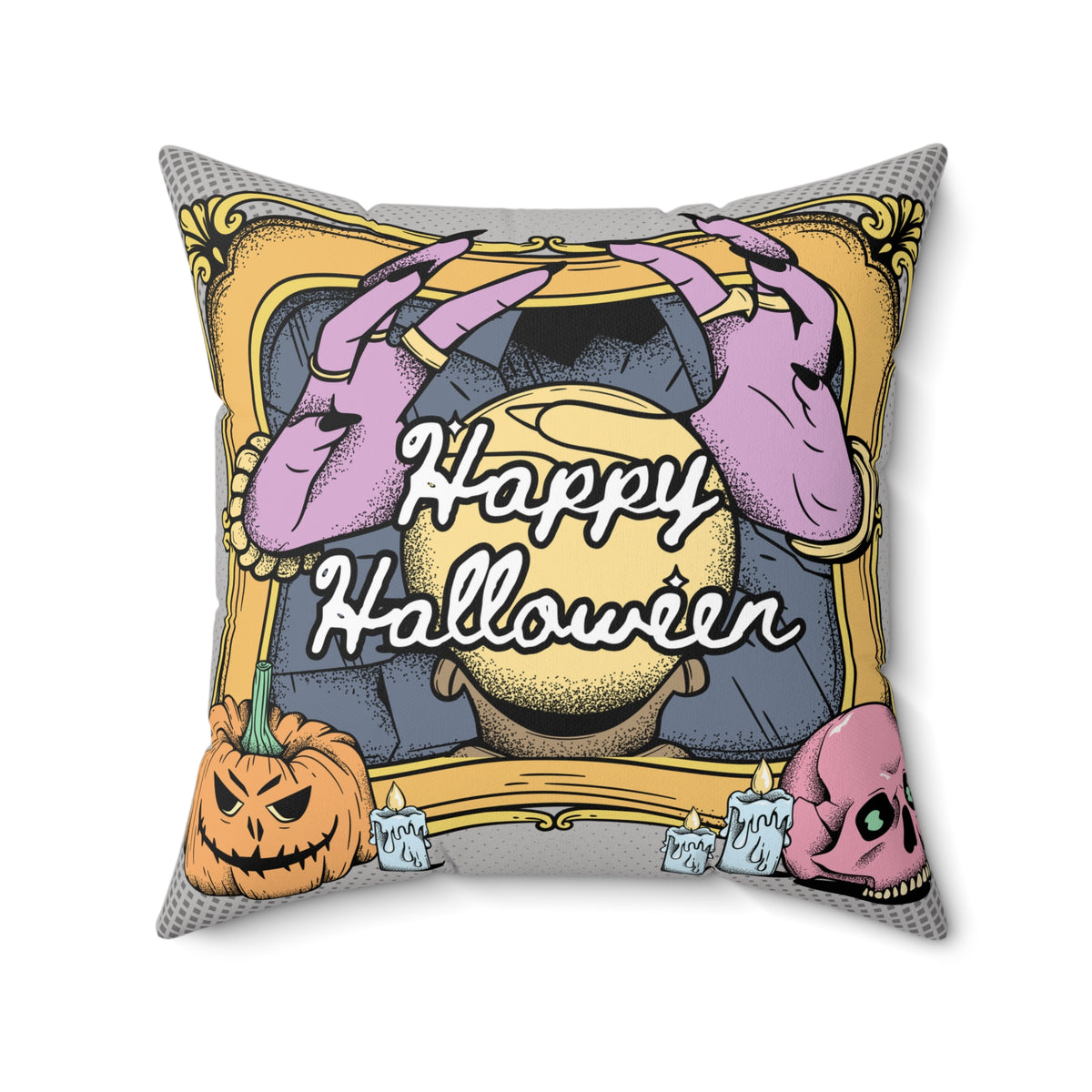Happy Halloween Pillow, Crystal Ball Fortune Teller Decor, Skeleton Hands Jack O Lantern Pillow, Gothic Halloween Throw Pillow