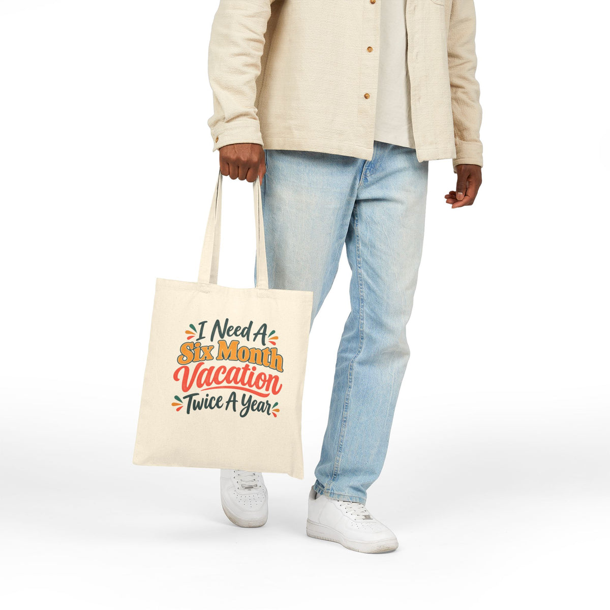 I Need a Six Month Vacation Twice a Year Tote Bag, Funny Retro Canvas Tote, Sarcastic Work Humor Gift, Vacation Lover Tote Bag
