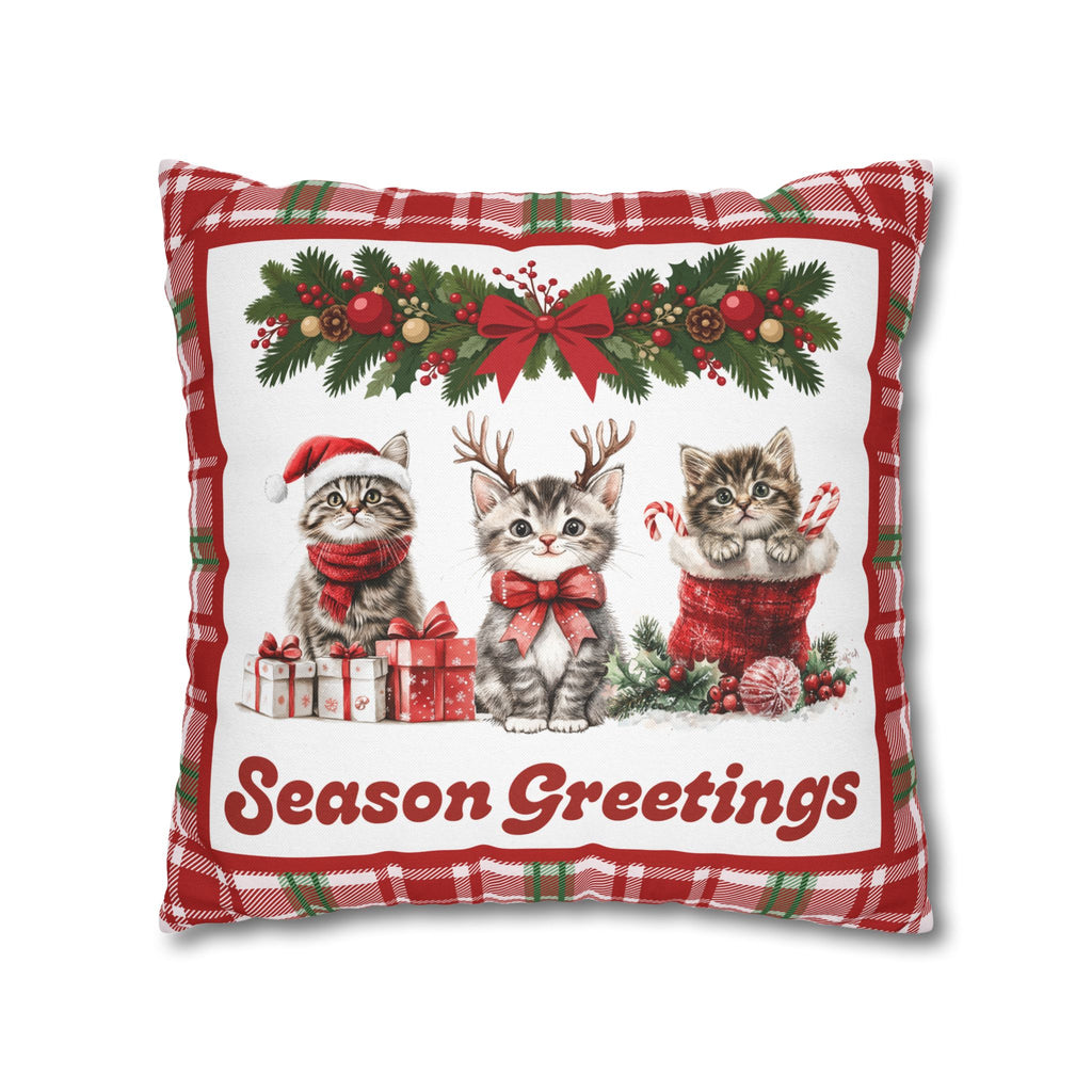 Christmas Kittens Pillow Cover, Cute Cat Holiday Throw Pillow, Red Plaid Snowflake Reversible Cover, Season Greetings Cat Lover Gift