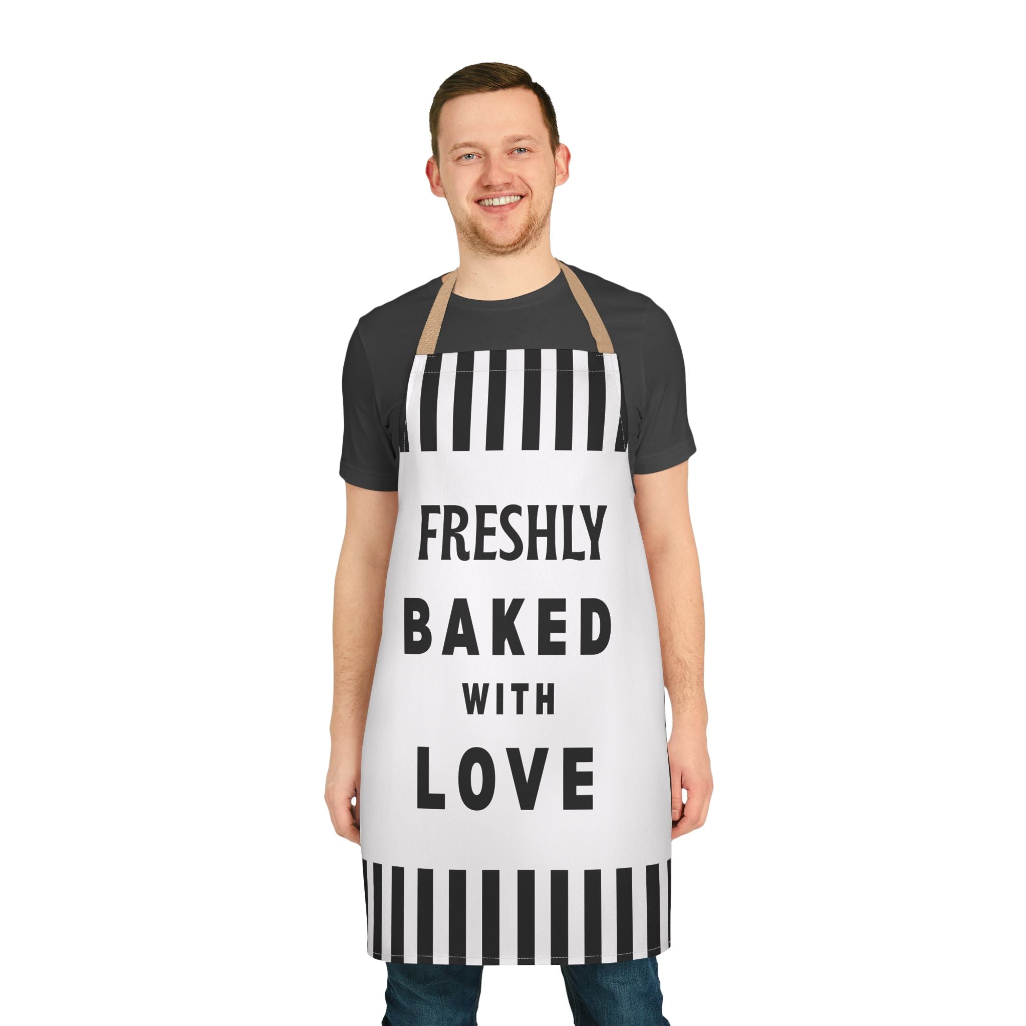 Freshly Baked With Love Apron, Black White Striped Kitchen Apron, Baker Gift, Cooking Apron, Funny Baking Apron, Chef Apron, Gift For Baker