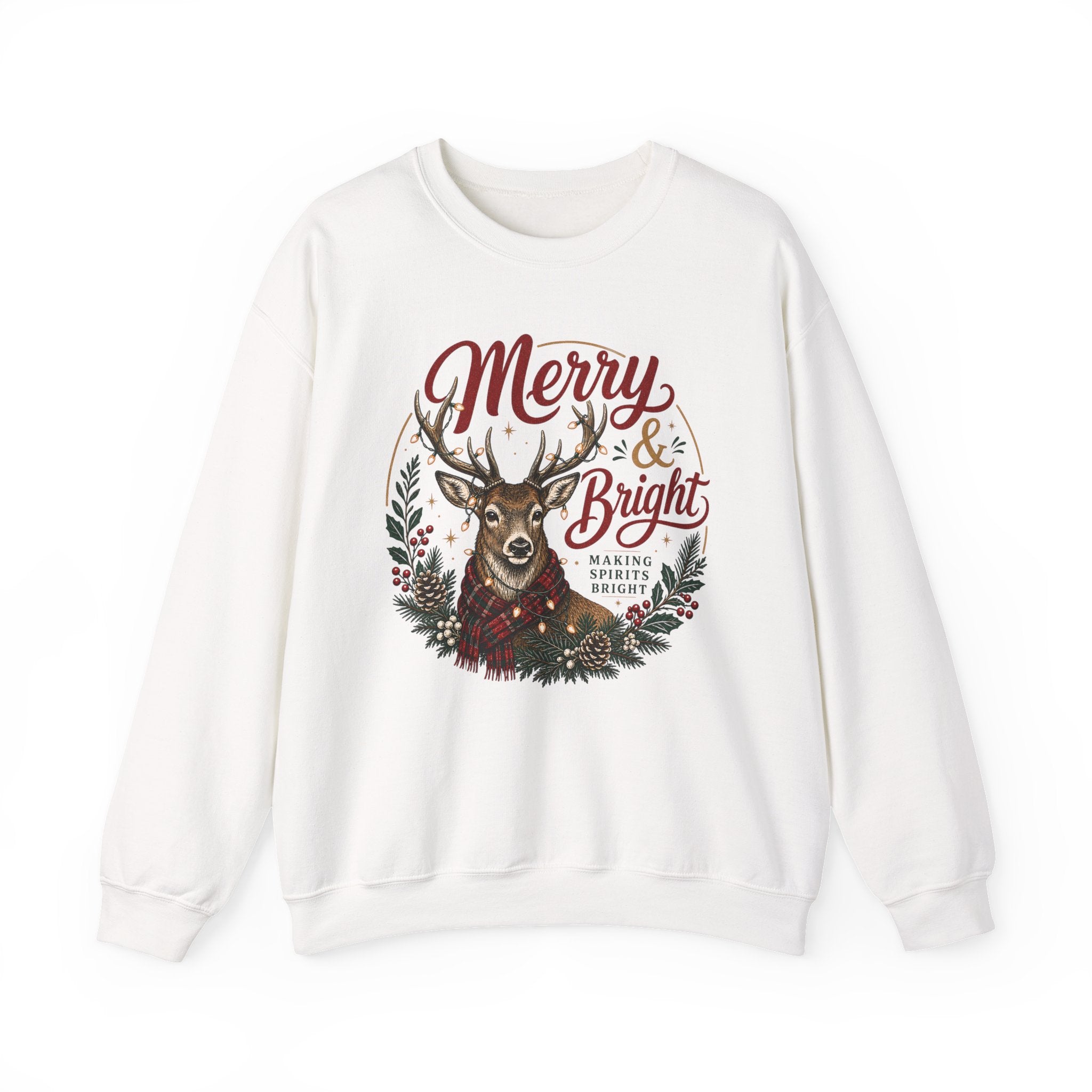 Merry & Bright Deer Sweatshirt, Christmas Reindeer Crewneck, Making Spirits Bright Shirt, Plaid Scarf Deer Sweater, Xmas Gift for Her