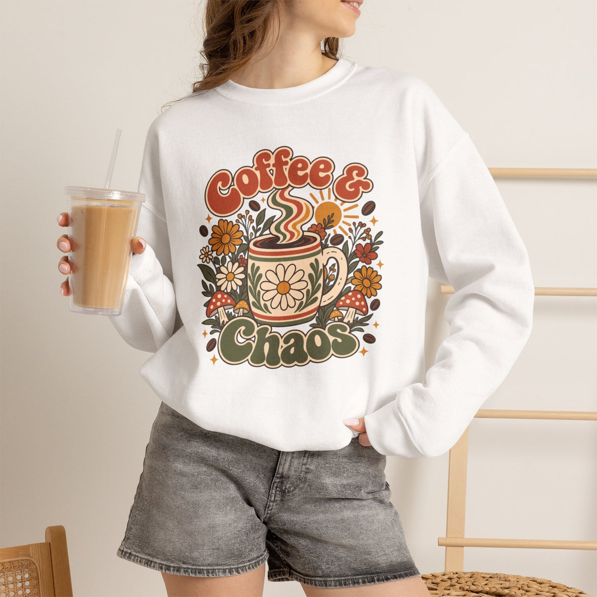 Coffee & Chaos Sweatshirt, Retro Floral Coffee Mug Shirt, Wildflower Mushroom Graphic Tee, Trendy Coffee Lover Gift, Cottagecore Crewneck