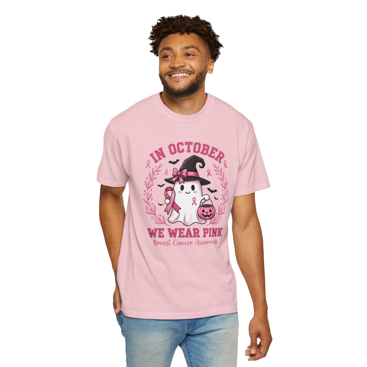 In October We Wear Pink Shirt, Breast Cancer Awareness Ghost Tee, Halloween Pink Ribbon Shirt, Cute Ghost Pumpkin Support Survivor Gift