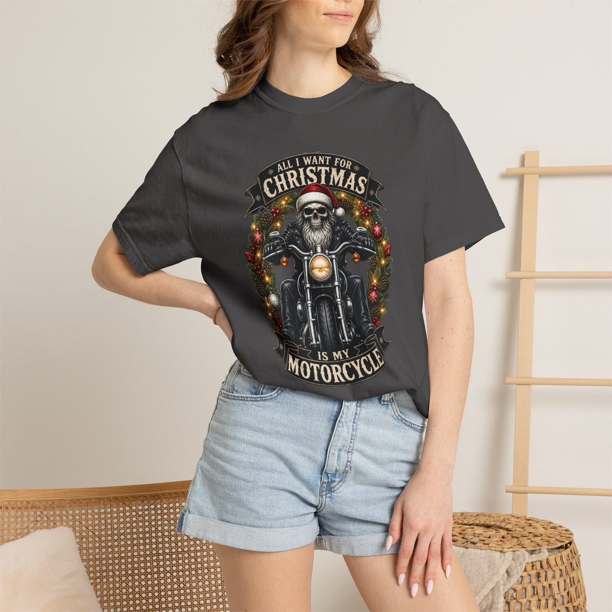 Comfort Colors Skeleton Biker Christmas T-shirt, All I Want for Christmas Is My Motorcycle Shirt, Santa Skull Motorcycle Top, Gift for Biker
