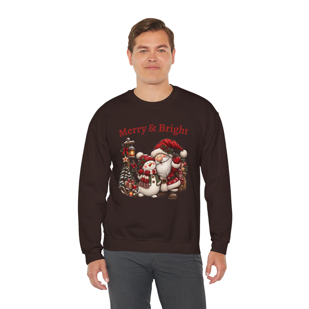Merry & Bright Sweatshirt, Santa Snowman Christmas Shirt, Vintage Holiday Crewneck, Festive Christmas Tee, Xmas Gift Sweatshirt for Her