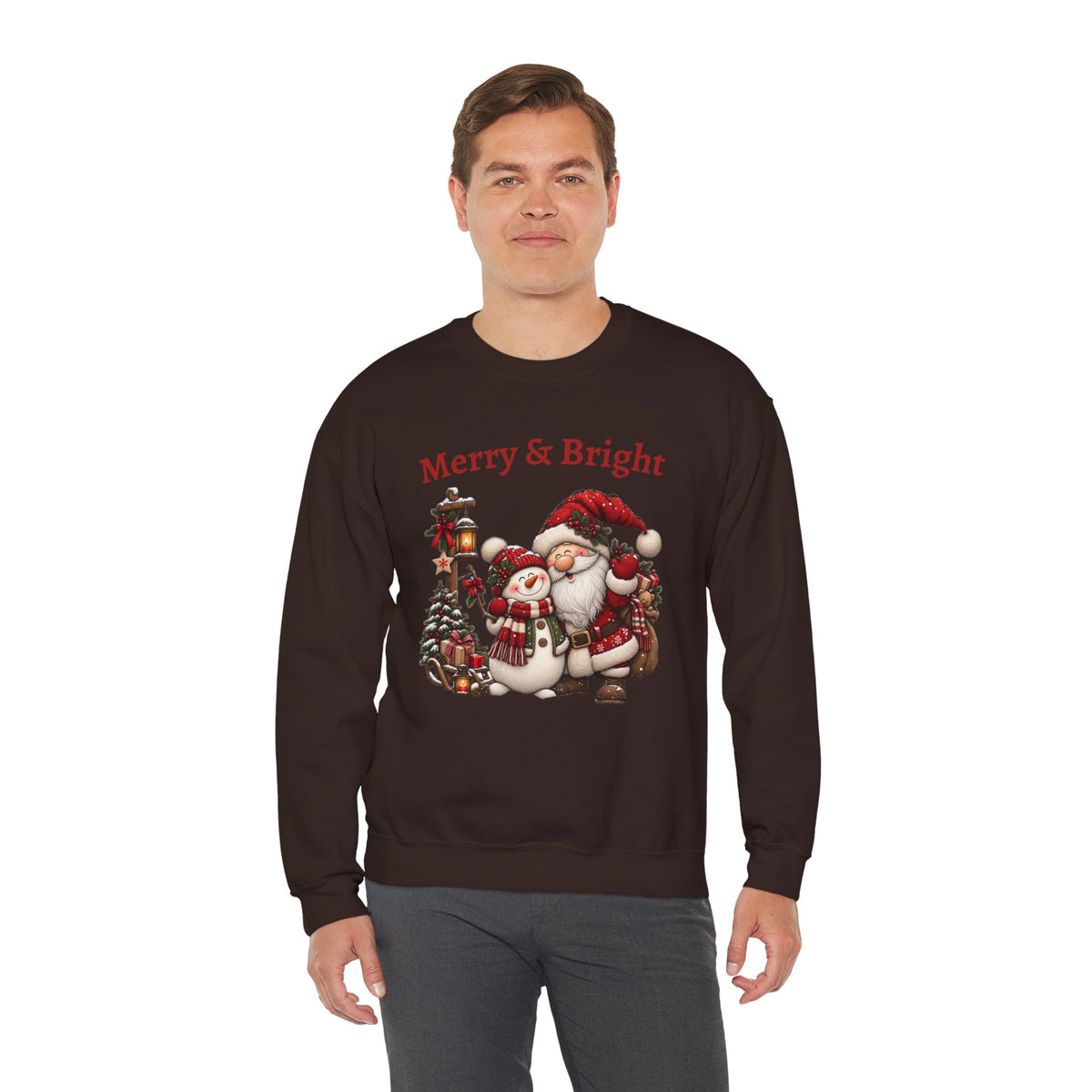 Merry & Bright Sweatshirt, Santa Snowman Christmas Shirt, Vintage Holiday Crewneck, Festive Christmas Tee, Xmas Gift Sweatshirt for Her