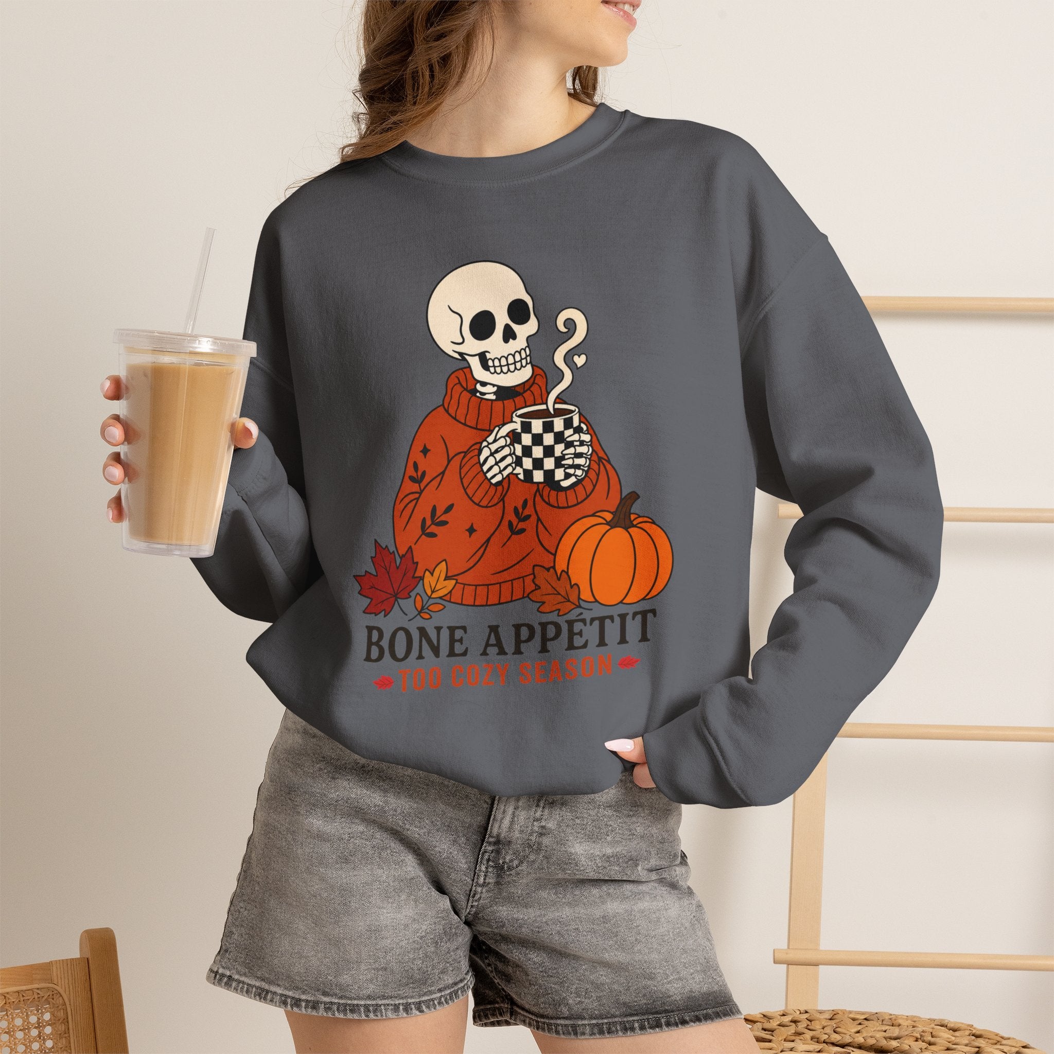 Bone Appetit Sweatshirt, Funny Skeleton Coffee Sweatshirt, Cozy Season Fall Sweater, Halloween Pumpkin Shirt, Skeleton Latte Sweatshirt