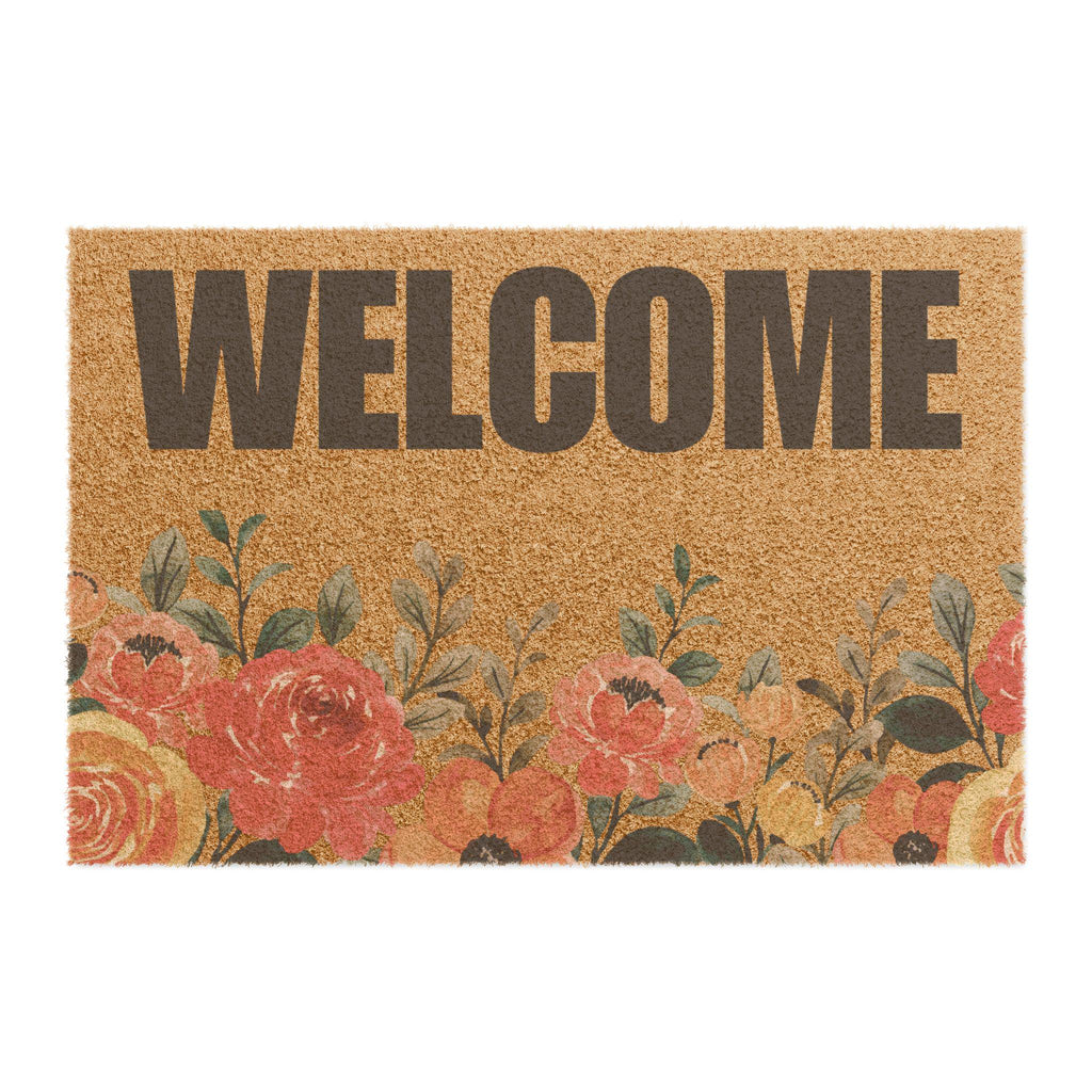 Floral Welcome Doormat | Rustic Coir Entrance Mat, Outdoor Porch Decor