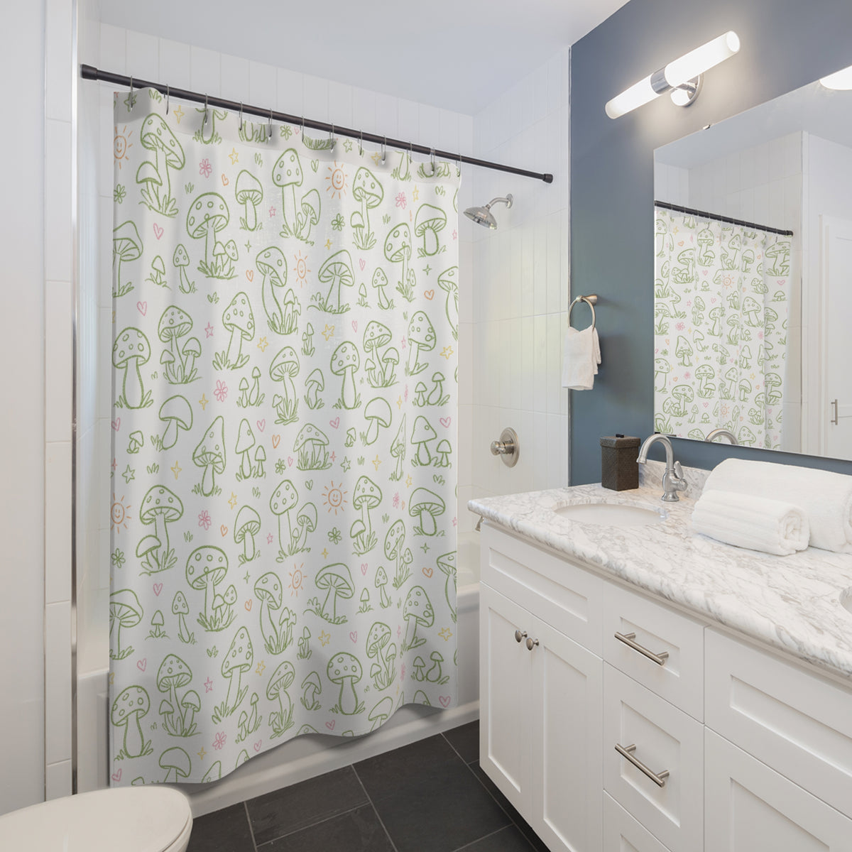 Green Mushroom Shower Curtain, Whimsical Botanical Bathroom Decor, Cottagecore Mushroom Print, Cute Fungi Bath Curtain, Sage Green Decor