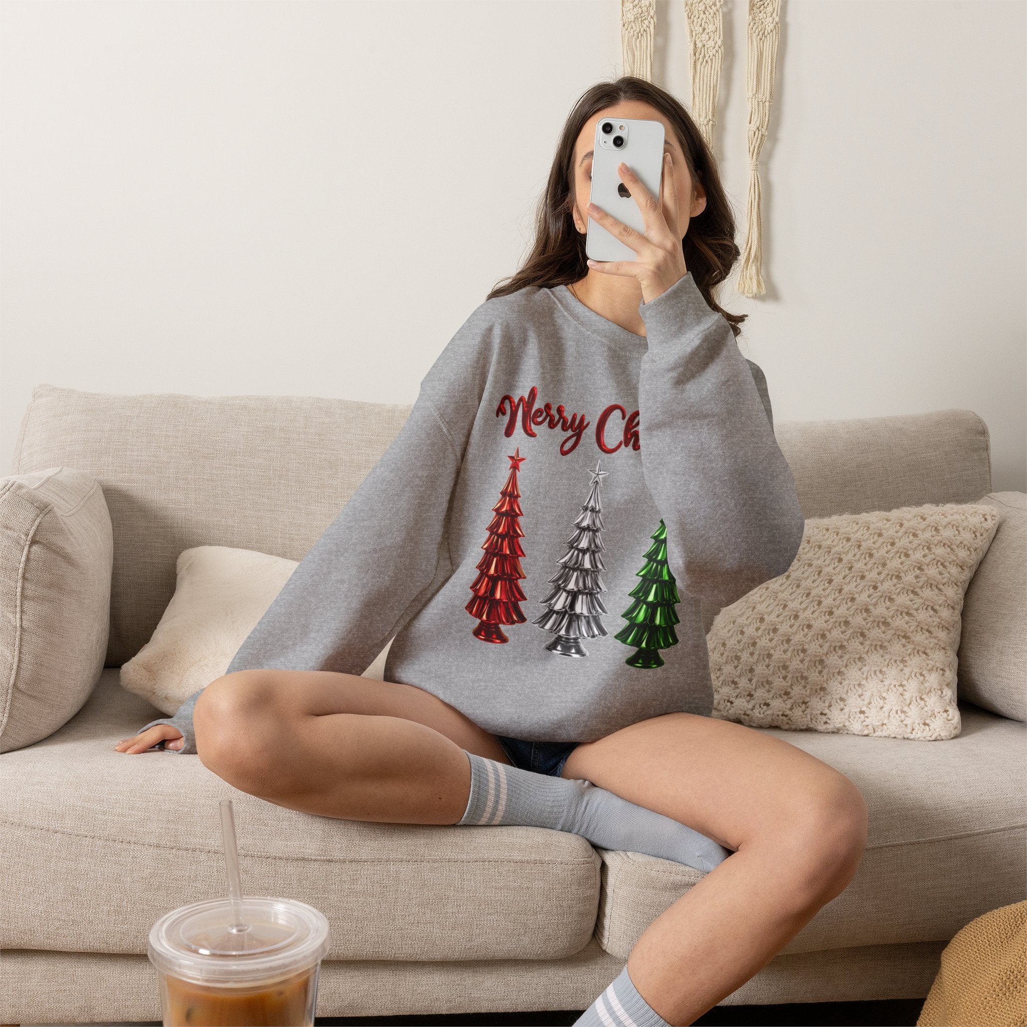 Merry Christmas Sweatshirt, Three Christmas Trees Shirt, Metallic Trees Sweater, Forest Green Christmas Crewneck, Holiday Gift for Her