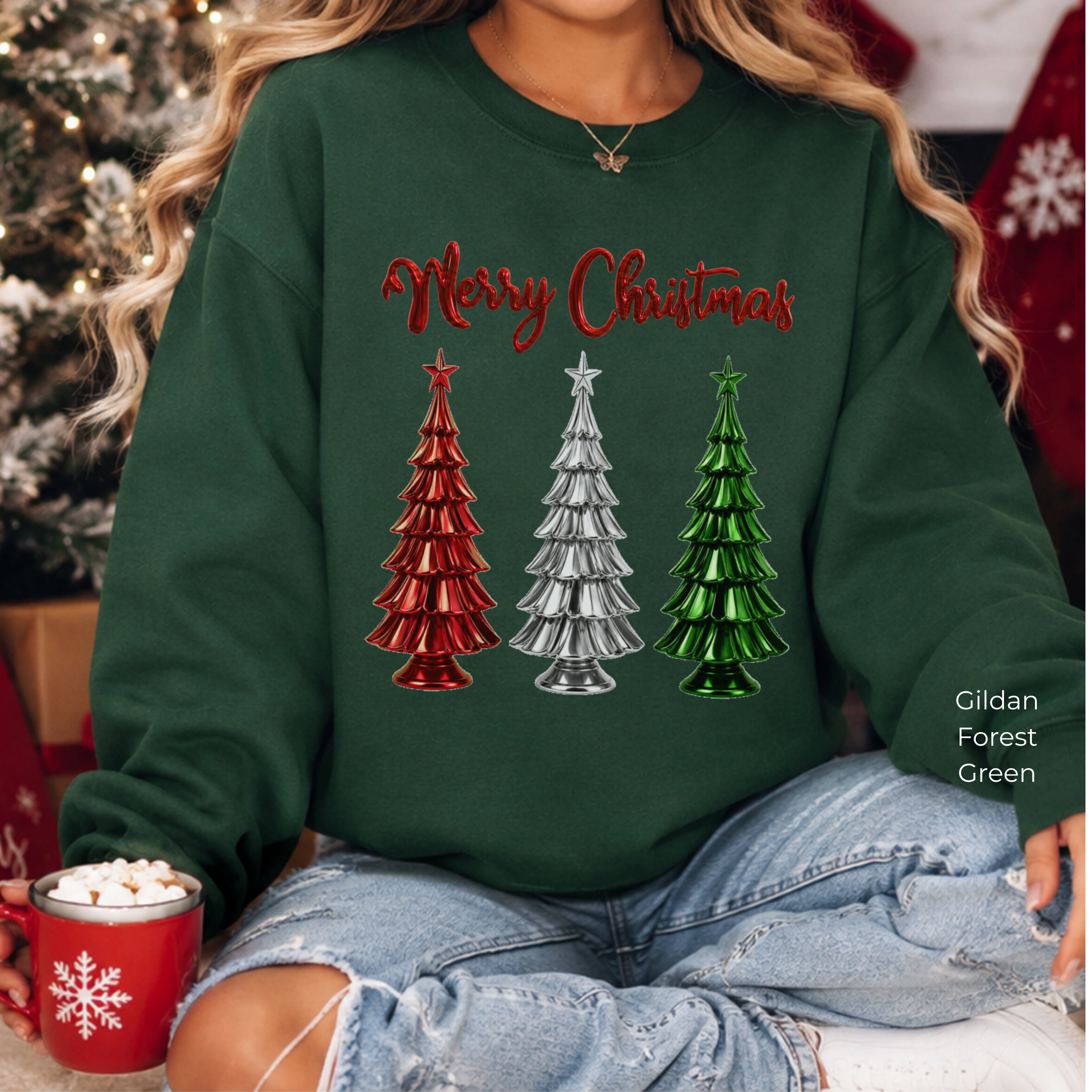 Merry Christmas Sweatshirt, Three Christmas Trees Shirt, Metallic Trees Sweater, Forest Green Christmas Crewneck, Holiday Gift for Her