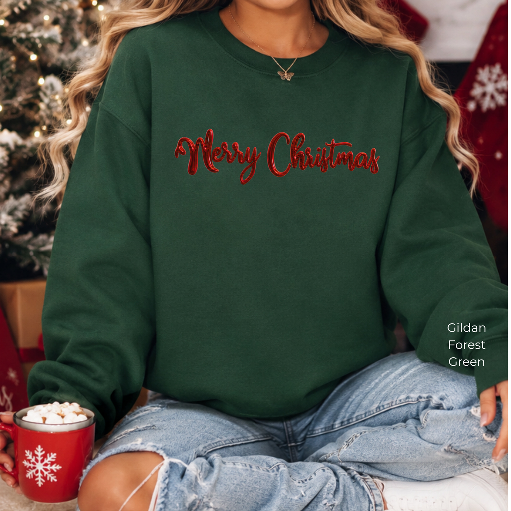 Merry Christmas Sweatshirt, Green Crewneck with Red Metallic Script Font, Christmas Shirt, Holiday Sweater, Xmas Gift for Her, Gift for Him