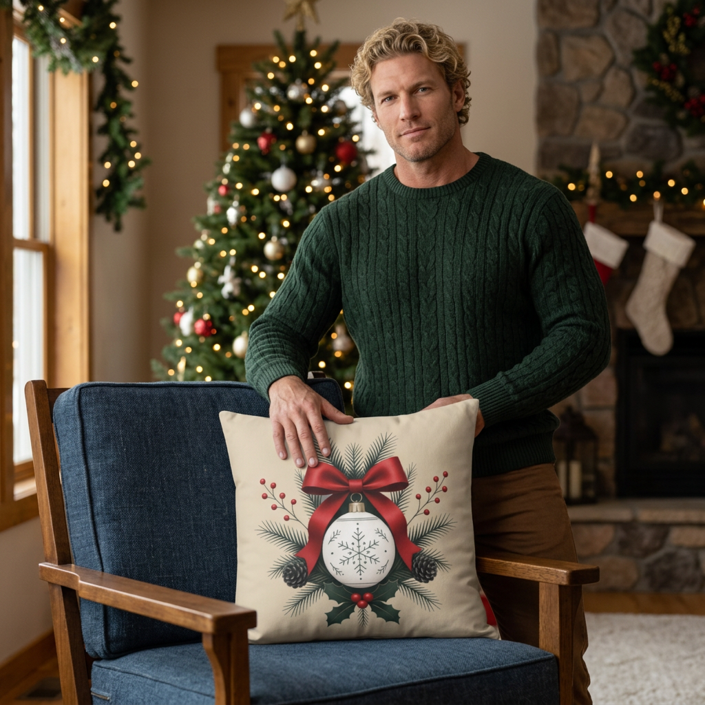 Christmas Ornament Wreath Pillow | Square Throw Pillow, Holiday Decor