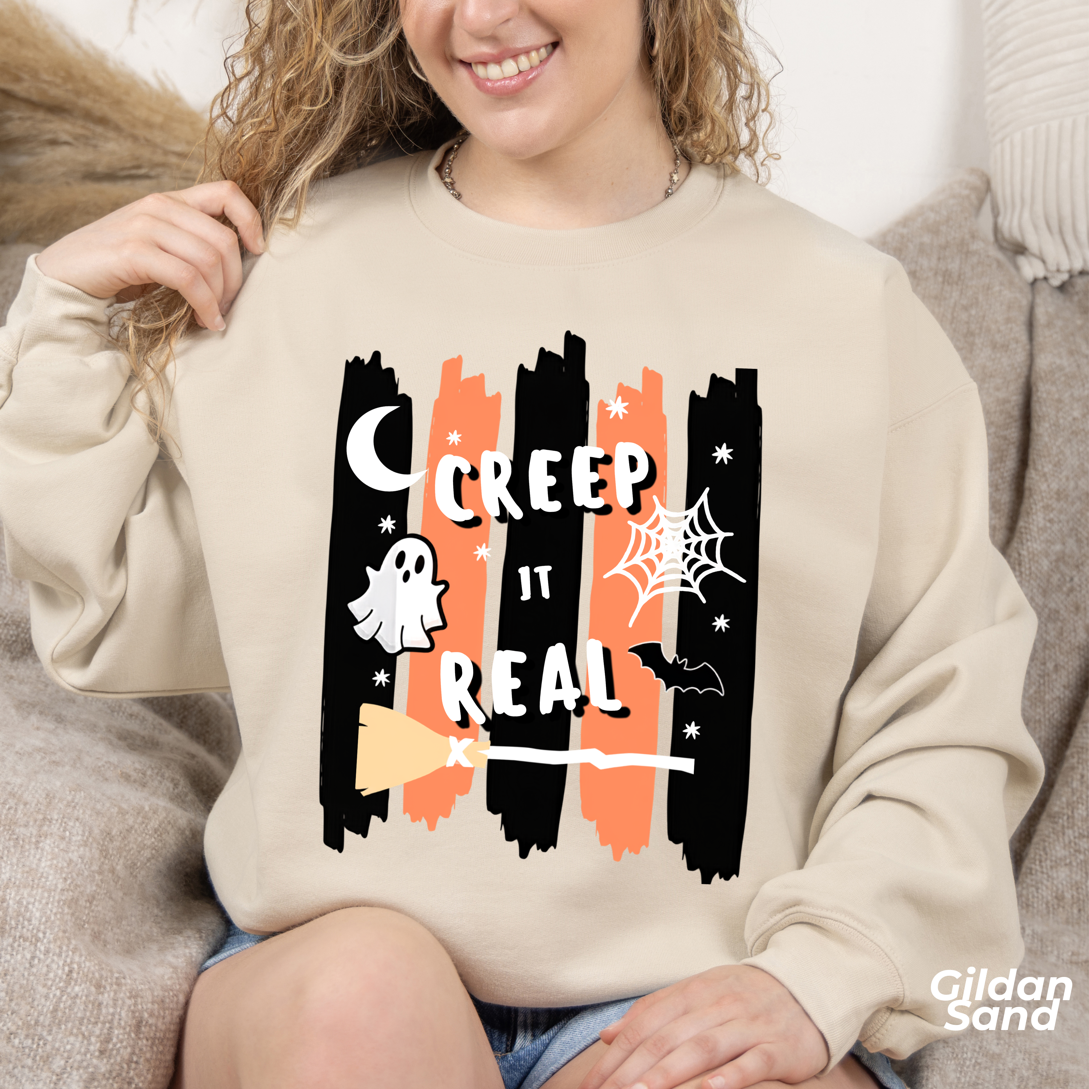 Creep It Real Halloween Sweatshirt, Funny Ghost Bat Spiderweb Crewneck, Orange Black Stripe Halloween Shirt, Cute Fall Pullover Women Gift