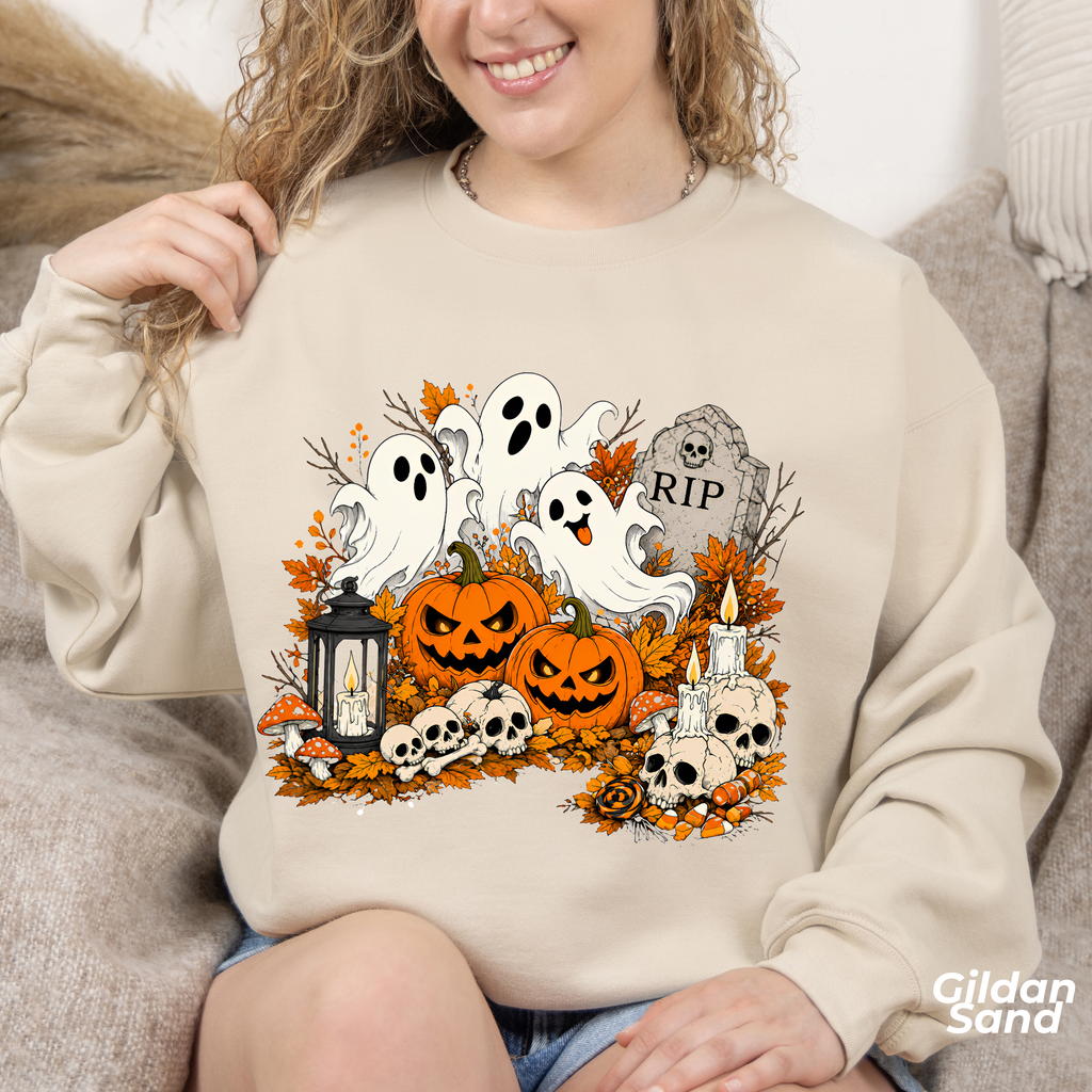 Halloween Ghost Pumpkin Sweatshirt, Spooky Graveyard Skull Crewneck, RIP Tombstone Ghost Sweater, Fall Halloween Shirt, Cute Ghost Gift