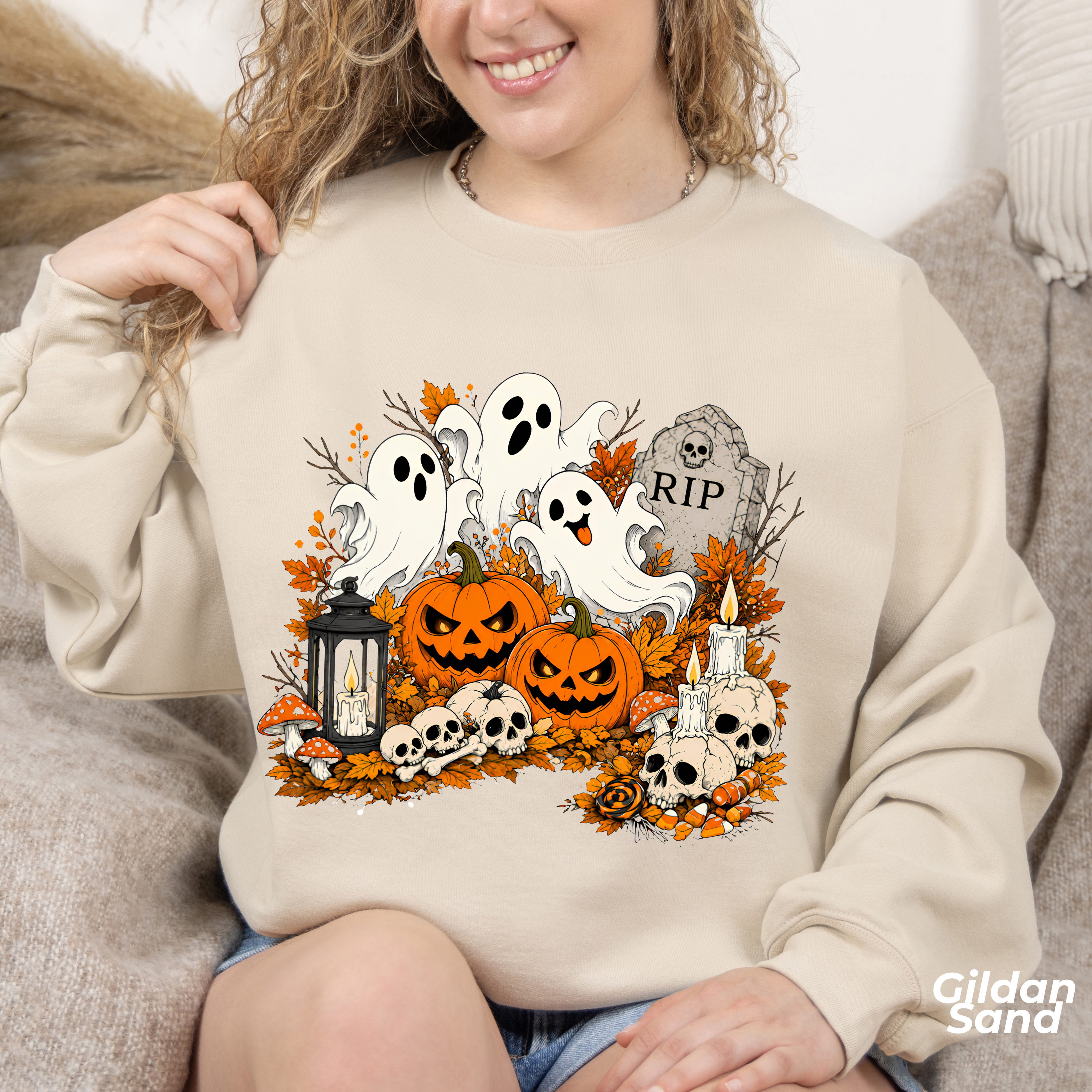 Halloween Ghost Pumpkin Sweatshirt, Spooky Graveyard Skull Crewneck, RIP Tombstone Ghost Sweater, Fall Halloween Shirt, Cute Ghost Gift