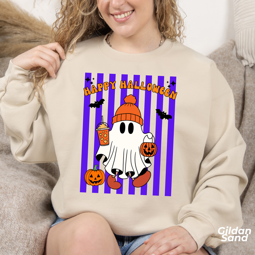 Boo Ghost Halloween Sweatshirt, Cute Ghost Pumpkin Striped Crewneck, Witch Hat Ghost Shirt, Fall Halloween Sweater, Halloween Gift