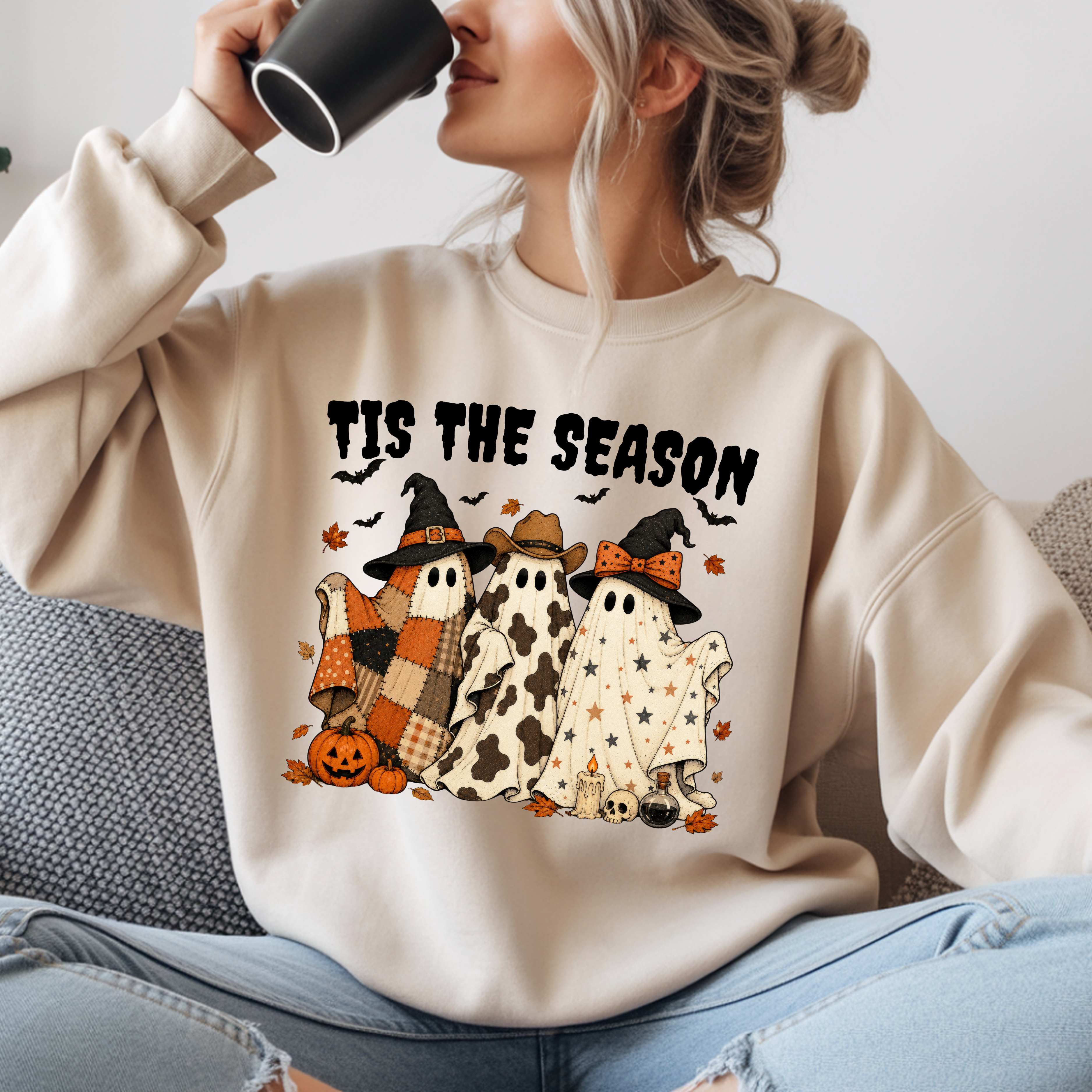 Tis The Season Ghost Sweatshirt, Halloween Ghost Crewneck, Witch Hat Ghost Shirt, Cow Print Plaid Ghost Sweater, Fall Halloween Top