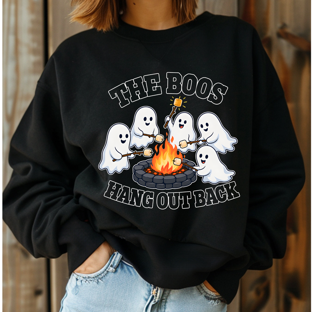 The Boos Hang Out Back Sweatshirt, Funny Halloween Ghost Campfire Shirt, Cute Ghost Bonfire Crewneck, Spooky Fall Sweater, Halloween Gift